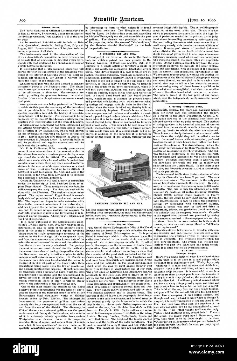 Notes Scientifiques. spécialement remarquable parmi les métaux lourds. Il LANODON combiné du lit et canapé. 40 Une région polaire Slap. blanc. Les noms sur la carte n'est pas entassée et un chariot sans poteaux. Inciter les personnes., Scientific American, 1896-06-20 Banque D'Images