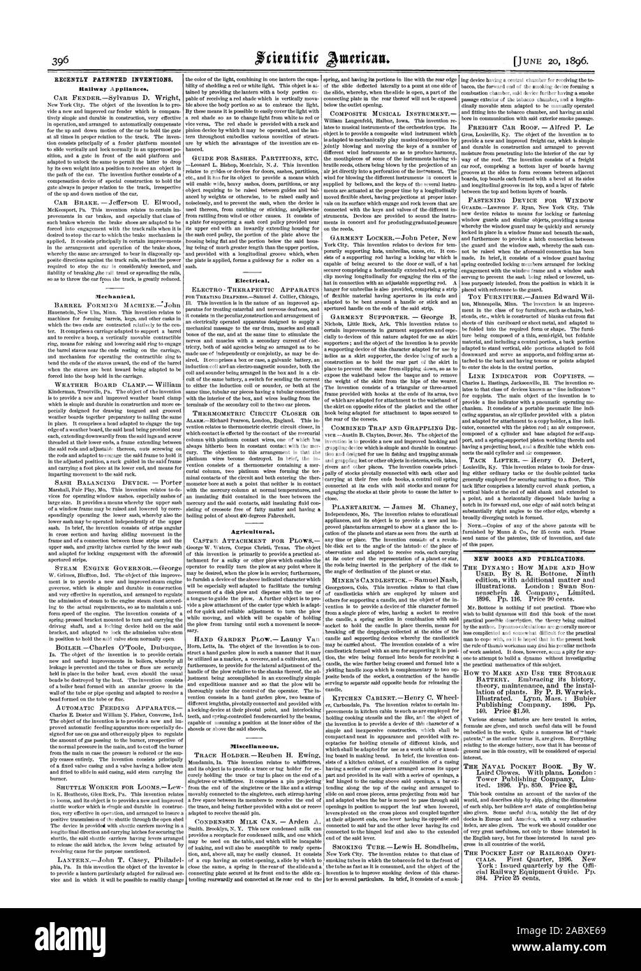 Récemment les inventions brevetées. Nouveaux LIVRES ET PUBLICATIONS., Scientific American, 1896-06-11 Banque D'Images