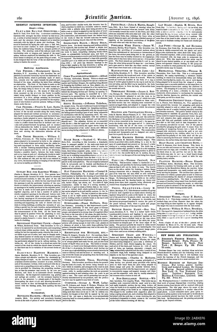 Récemment les inventions brevetées. Nouveaux LIVRES ET PUBLICATIONS., Scientific American, 1896-08-11 Banque D'Images