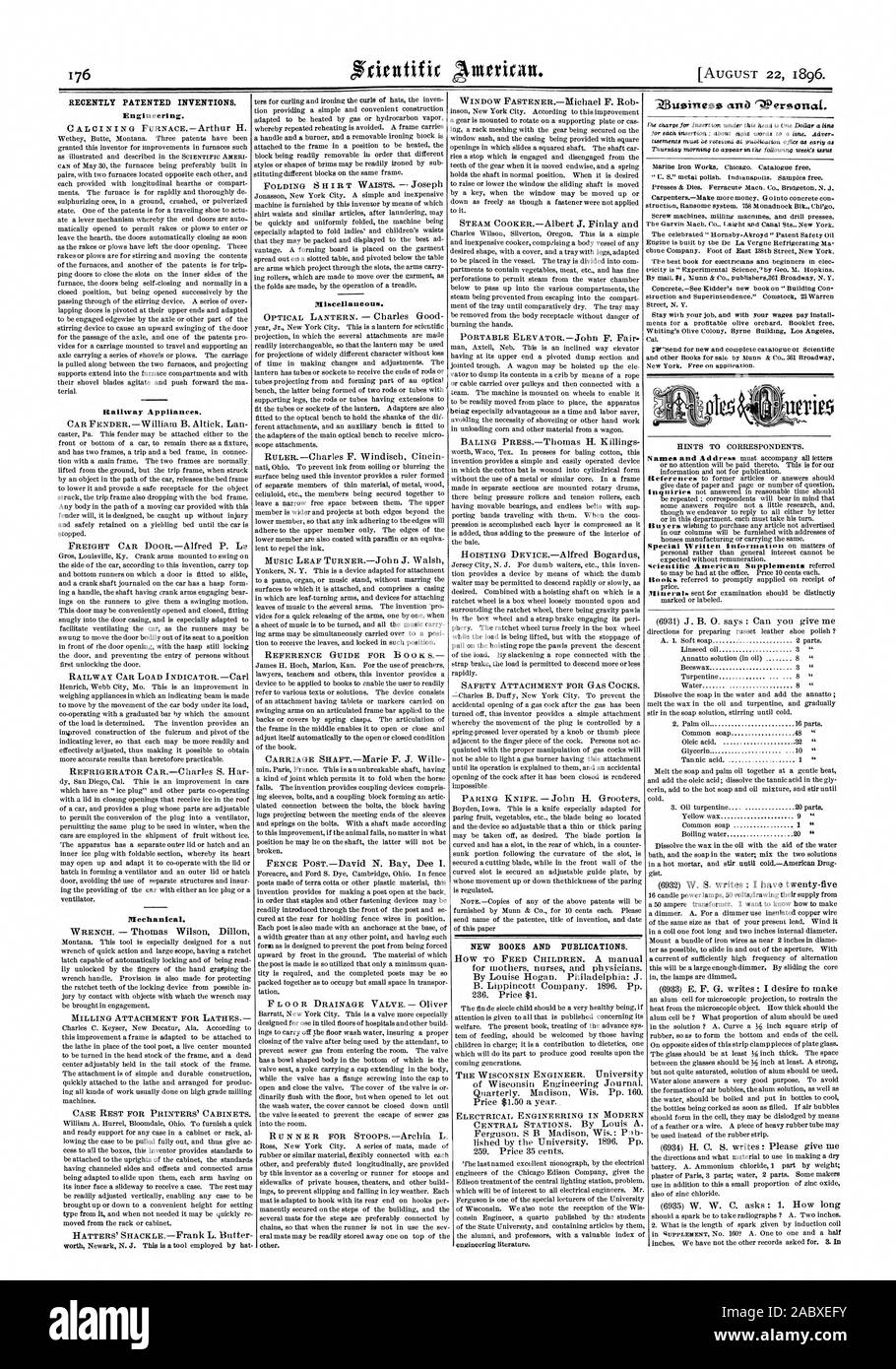 Récemment les inventions brevetées. L'ingénierie. Appareils de fer. Mécanique. Divers. De nouveaux livres et de publications. 1, Scientific American, 1896-08-11 Banque D'Images