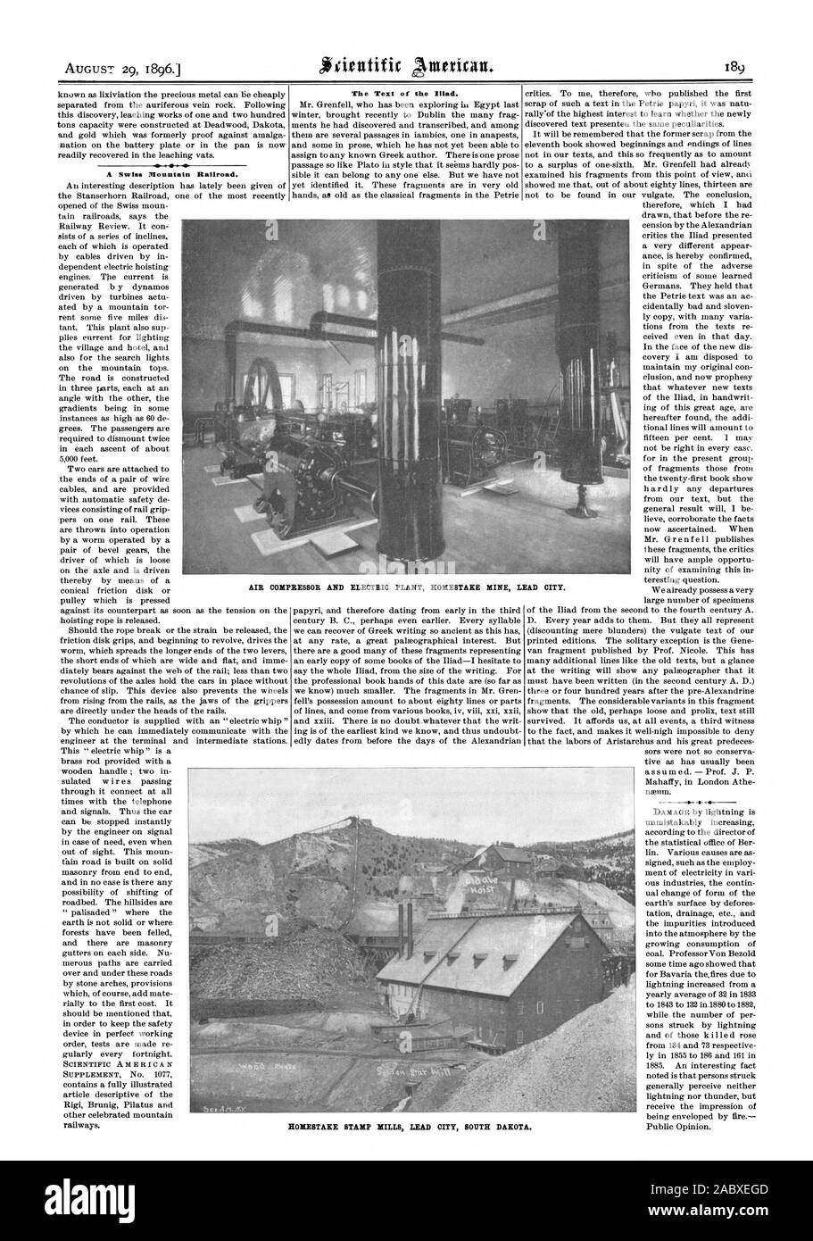 Un chemin de fer de montagne suisses. Le texte de l'Iliade. Compresseur d'AIR ET DE L'USINE ÉLECTRIQUE DE LA MINE HOMESTAKE VILLE DE PLOMB. HODIESTAKE STAMP MILLS CONDUIRE VILLE DU DAKOTA DU SUD., Scientific American, 1896-08-29 Banque D'Images
