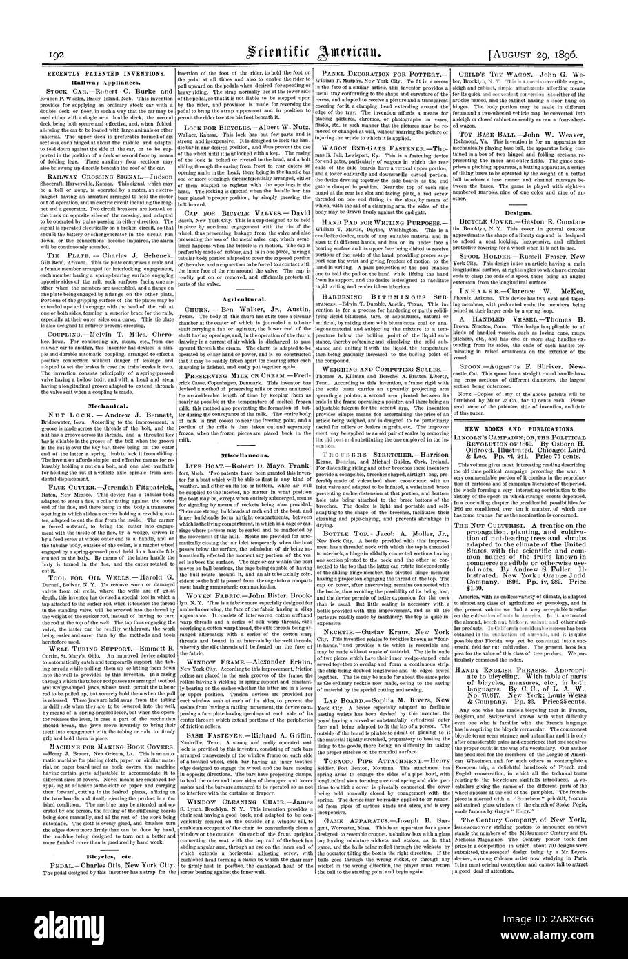 Récemment les inventions brevetées. Couloir A ppliances. Divers. Dessins et modèles industriels. Nouveaux LIVRES ET PUBLICATIONS., Scientific American, 1896-08-11 Banque D'Images