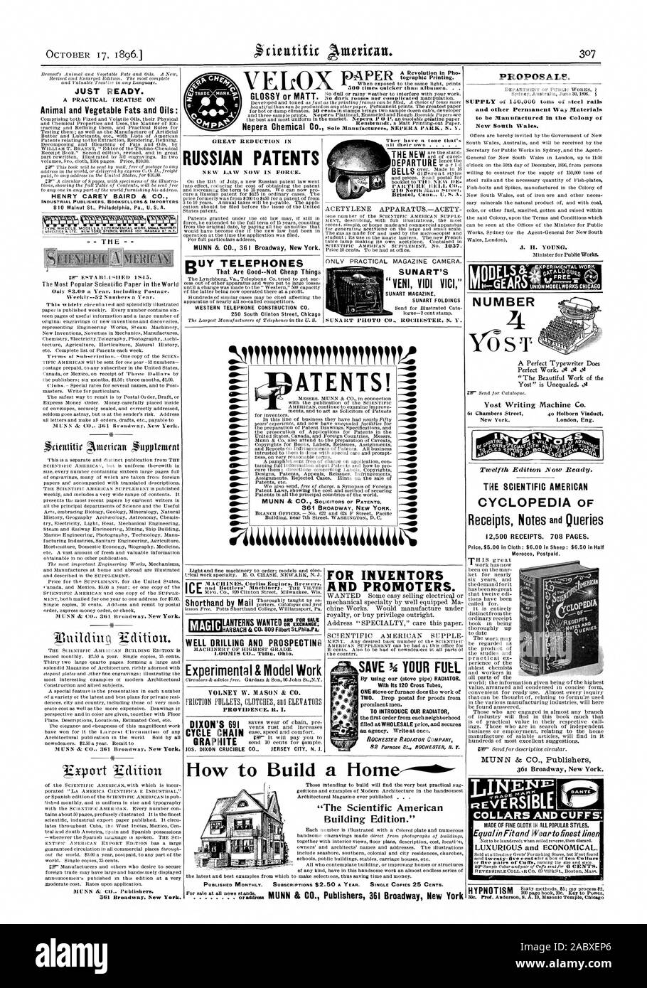 Tout prêt. Un traité pratique sur les huiles et graisses animales et végétales : HENRY CAREY BAIRD & CO. LIBRAIRES ÉDITEURS INDUSTRIELS & IMPORTATEURS 810 Noix de Philadelphie Pa. U. S. A. - T H E Vdition. MUNN & CO Publishers 301 Broadway New York. Forte RÉDUCTION DE BREVETS RUSSES NOUVELLE LOI ACTUELLEMENT EN VIGUEUR. Qui sont bonnes, pas des choses 260 South Clinton Street à Chicago pour les inventeurs et promoteurs. Enregistrer vos propositions de carburant. Fourniture de 150000 péages de rails en acier et autres matériaux de façon Pernianent à être fabriqués dans la colonie de Nouvelle-Galles du Sud. kiEARs Yost écrit scientifique Machine Co. Banque D'Images