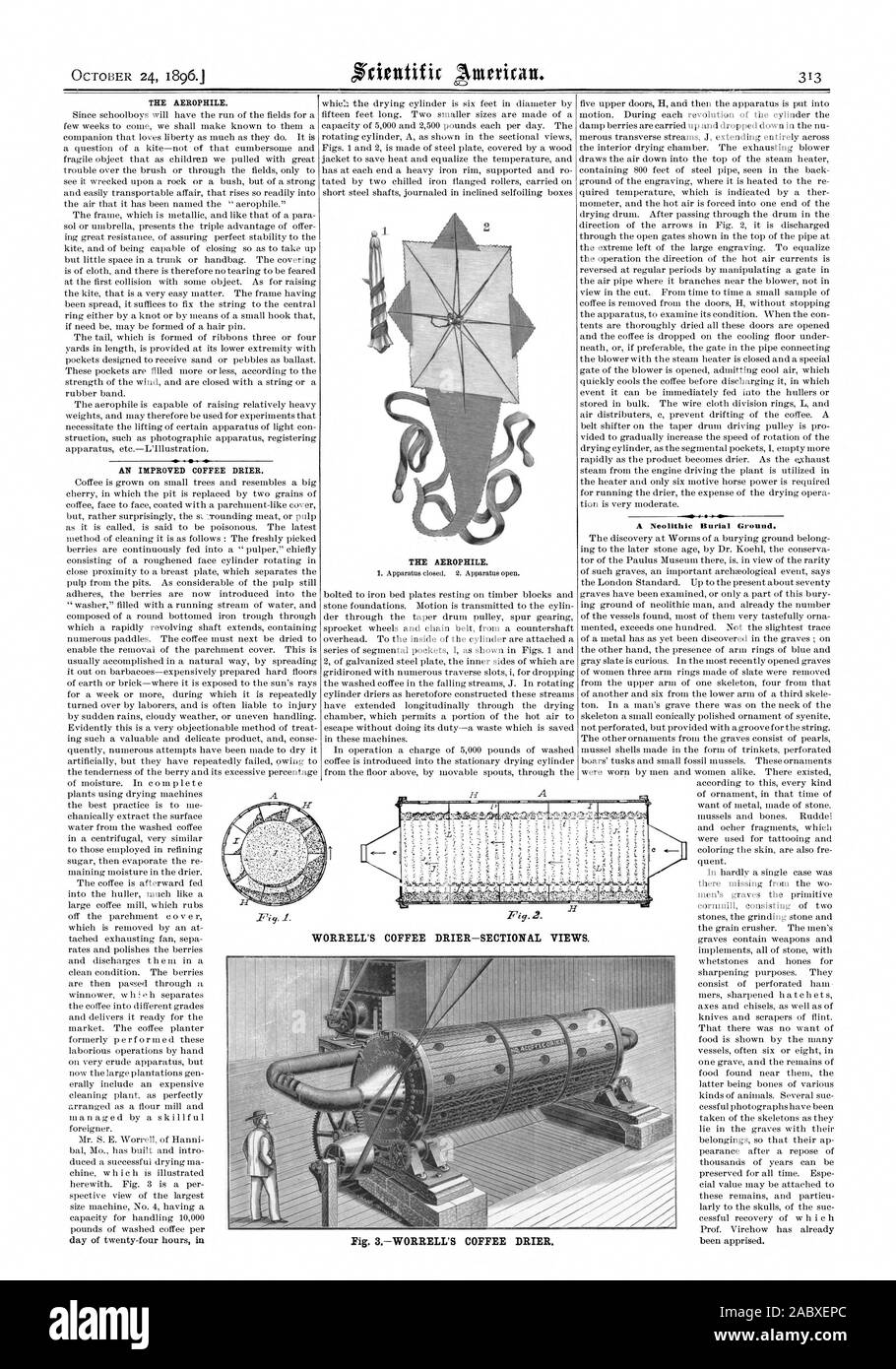 L'AEROPHILE. L'AMÉLIORATION DU CAFÉ plus sèches. L'AEROPHILE. 4 Un cimetière néolithique. WORRELL'S COFFEE CHEVEUX COUPES. Fig. Café du 3WORRELL plus sèches., Scientific American, 1896-10-24 Banque D'Images