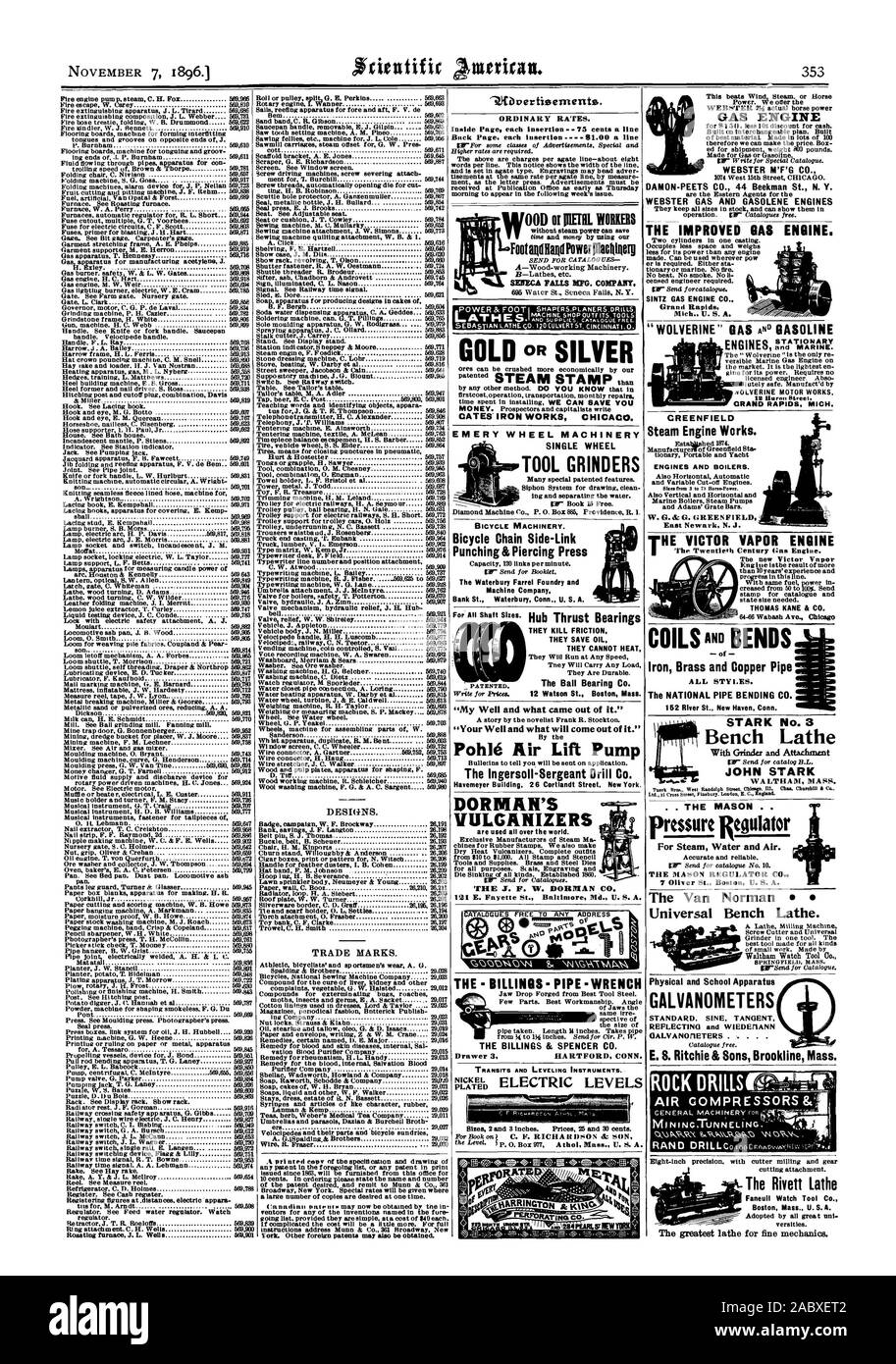 Les tarifs ordinaires. À l'intérieur de chaque insertion Page 75 c. une ligne arrière Page chaque insertion 81.00 une ligne GATES IRON WORKS CHICACO. EMERY MACHINES ROUE SEULE ROUE Puissance Plachloerg andlland pied SÉNÈQUE LASSANT MFG. Société. OOD ou PlETRL OUTIL TRAVAILLEURS MOULINS pour toutes les tailles de l'arbre. Les paliers de butée moyeu ils tuent ils sauvent FRICTION HUILE QU'ILS NE PEUVENT Chauffer le roulement à bille Co. 12 Watson St. Boston Massachusetts "votre bien et ce qui va s'en sortir." La pompe d'Air Pohle Ingersoll-Sergeant Drill Co. Havemeyer Building 26 Cortlandt Street New York. La DORMAN sont VULCANISATEURS utilisés partout dans le monde. 4) 160 LA Banque D'Images