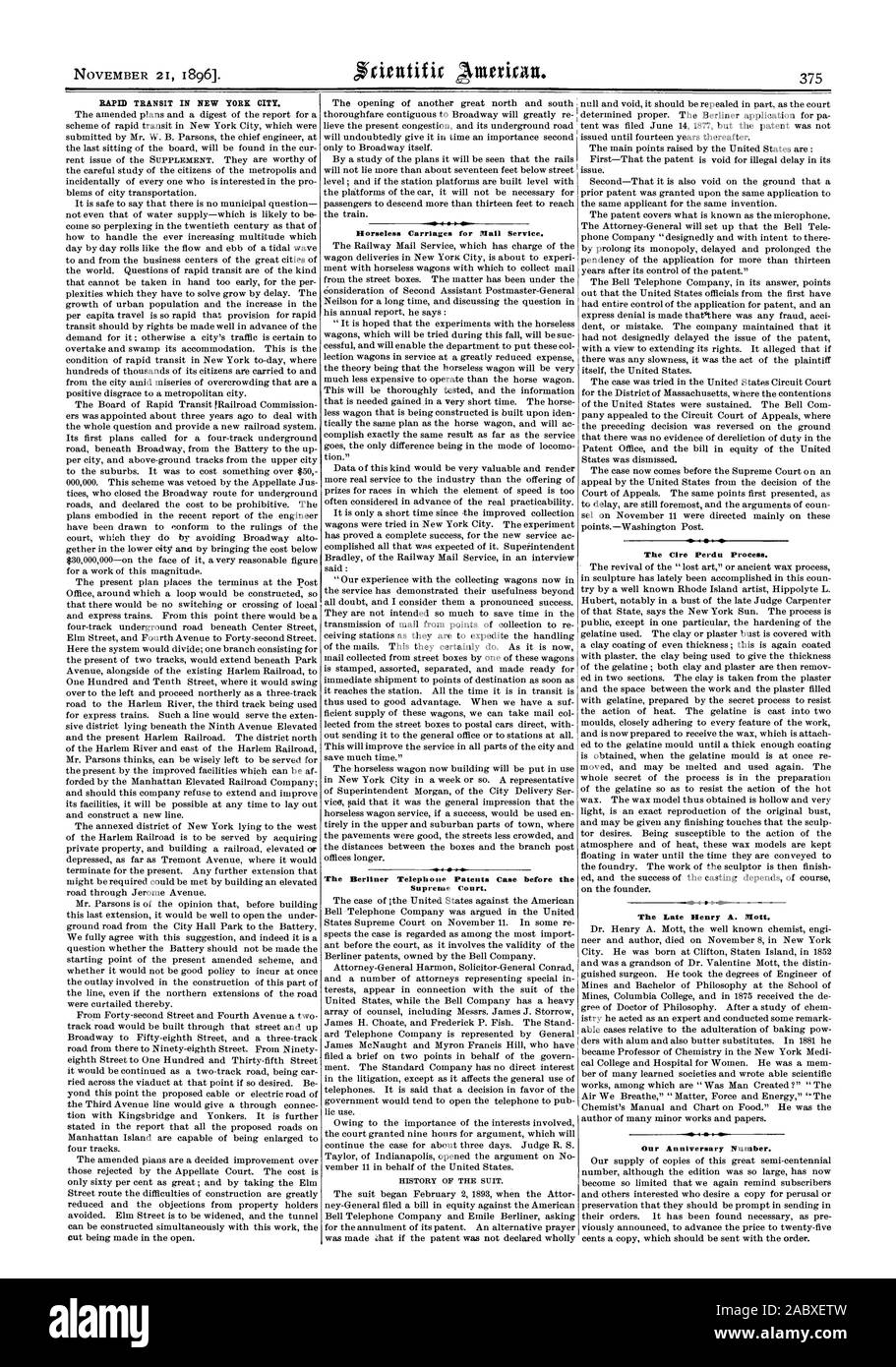 Transport en commun RAPIDE DE LA VILLE DE NEW YORK. tous les 4 chariots sans chevaux pour le service de courrier. Le Berliner Téléphone Brevets cas devant la Cour suprême. L'Clre Perdu. La fin de l'Henry A. Mott. Notre numéro anniversaire., Scientific American, 1896-11-21 Banque D'Images