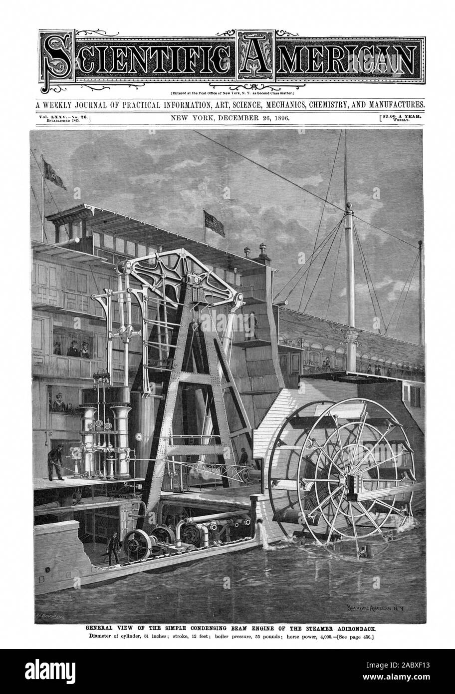 Un journal hebdomadaire D'INFORMATIONS PRATIQUES ART SCIENCE MÉCANIQUE CHIMIE ET PRODUITS MANUFACTURÉS. Vol. LXXVNo. 26.3 VUE GÉNÉRALE DE LA CONDENSATION SIMPLE MOTEUR DE FAISCEAU, DU VAPEUR. ADIRONDACK, Scientific American, 1896-12-26 Banque D'Images