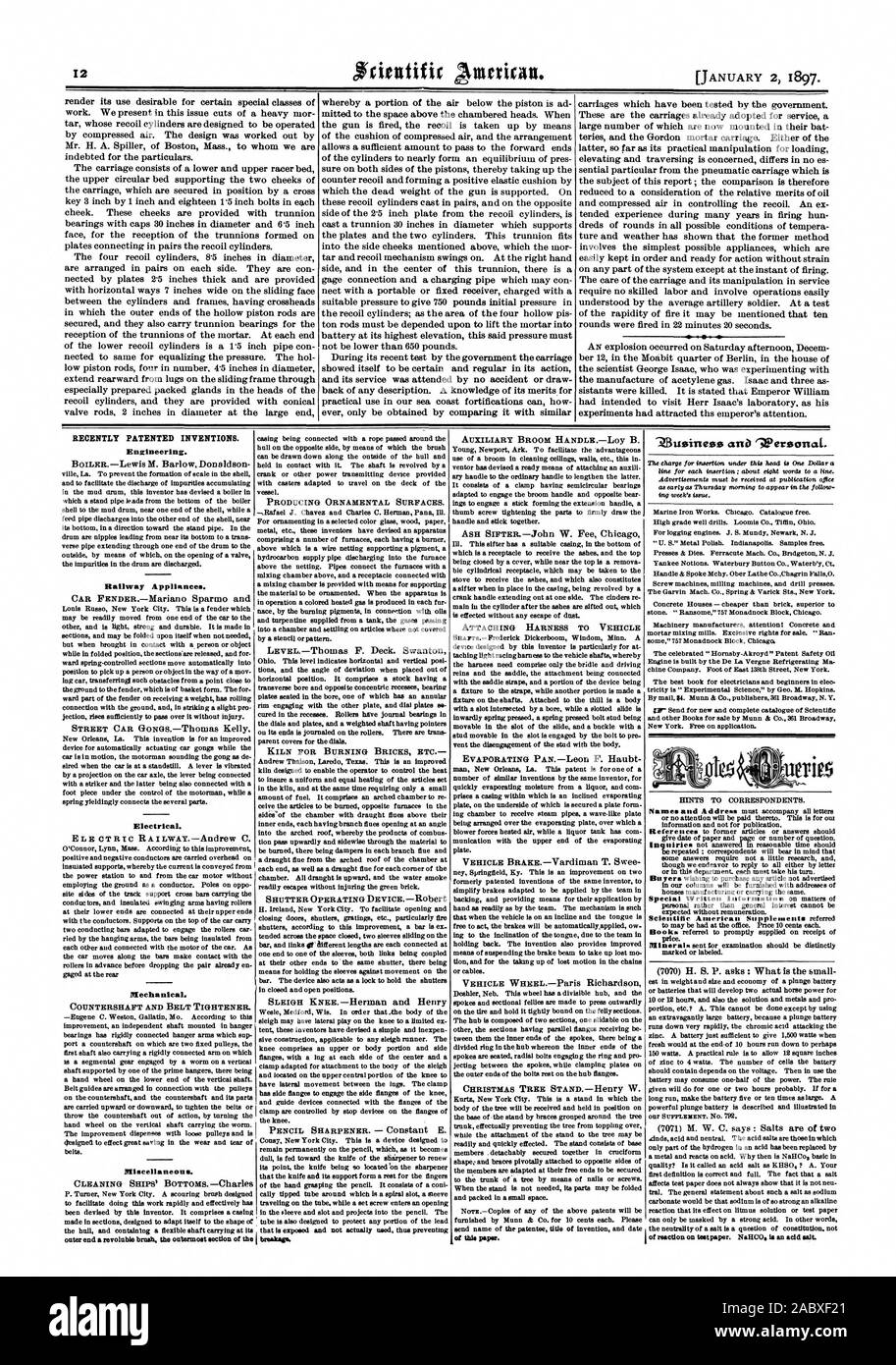 Récemment les inventions brevetées. Couloir d'appareils ménagers. Installation électrique. Mécanique. Divers. L'extrémité extérieure une brnah resoluble la section de l'extérieur de ce papier. Ziussineess WerisonaL 'et '. :., Scientific American, 1897-01-02 Banque D'Images