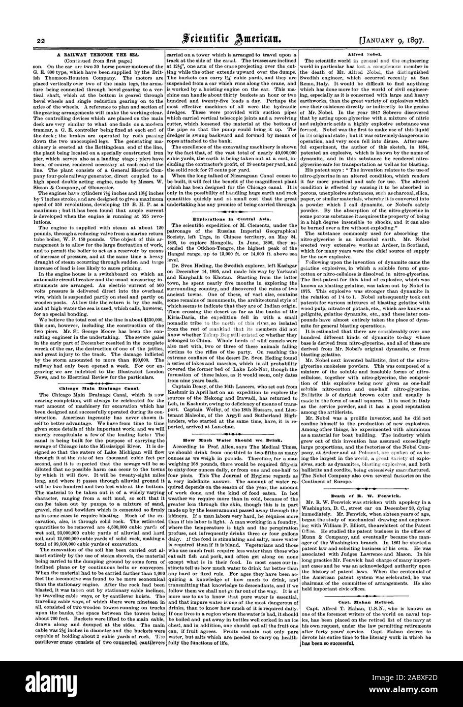 Un chemin de fer À TRAVERS LA MER. Canal de drainage principal de Chicago. L'exploration de l'Asie centrale. -4 4 Combien d'eau faut-il boire. Alfred Nobel. Le capitaine Mahan à la retraite., Scientific American, 1897-01-09 Banque D'Images