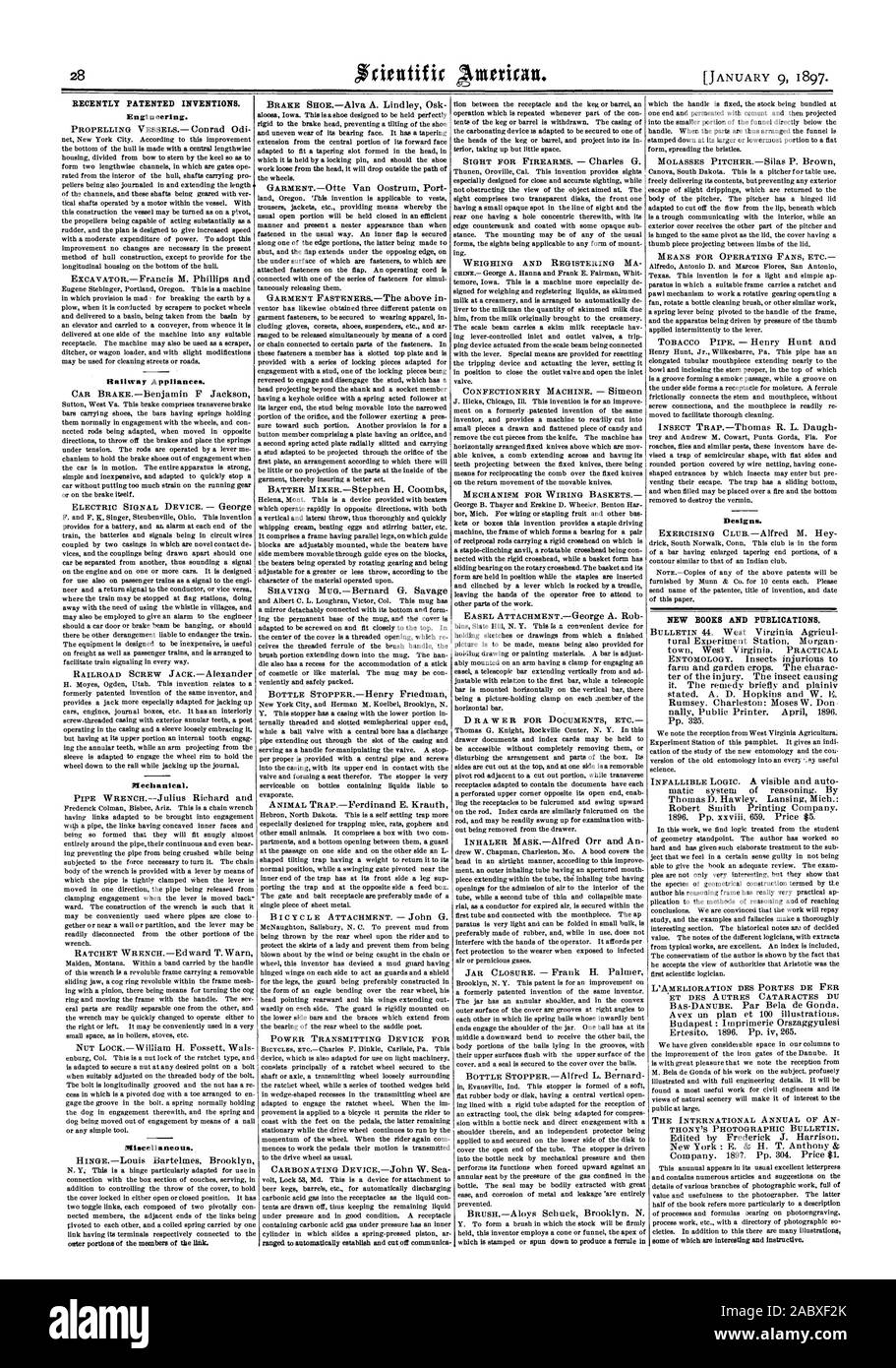 Récemment les inventions brevetées. L'ingénierie. Appareils de fer. Mécanique. Divers. Dessins et modèles industriels. Nouveaux LIVRES ET PUBLICATIONS., Scientific American, 1897-01-11 Banque D'Images