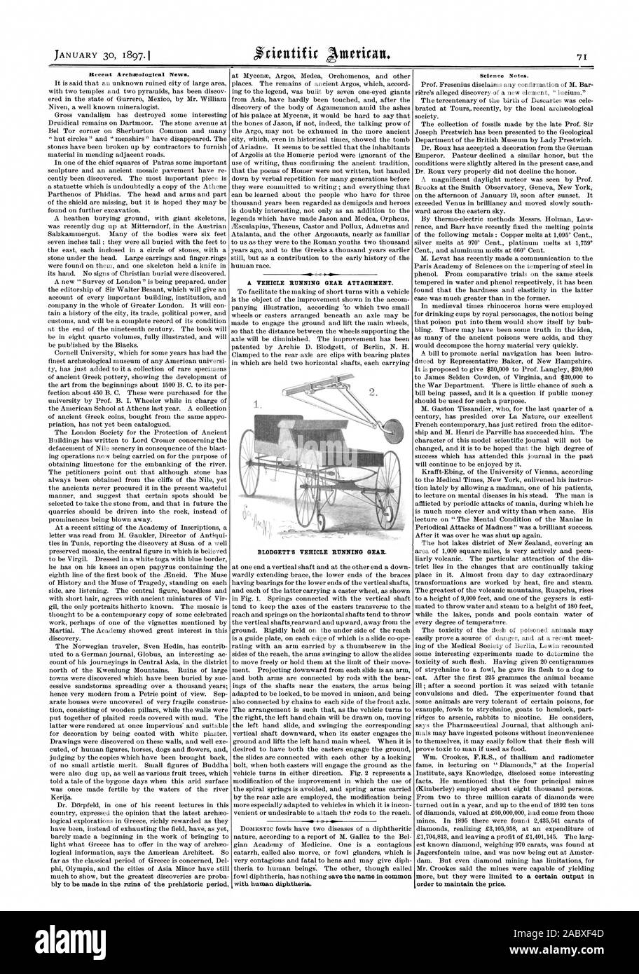 Nouvelles archéologiques récentes. Le véhicule de Blodgett. MATÉRIEL D'EXÉCUTION avec les droits de la diphtérie. La science Notes. afin de maintenir le prix., Scientific American, 1897-01-30 Banque D'Images