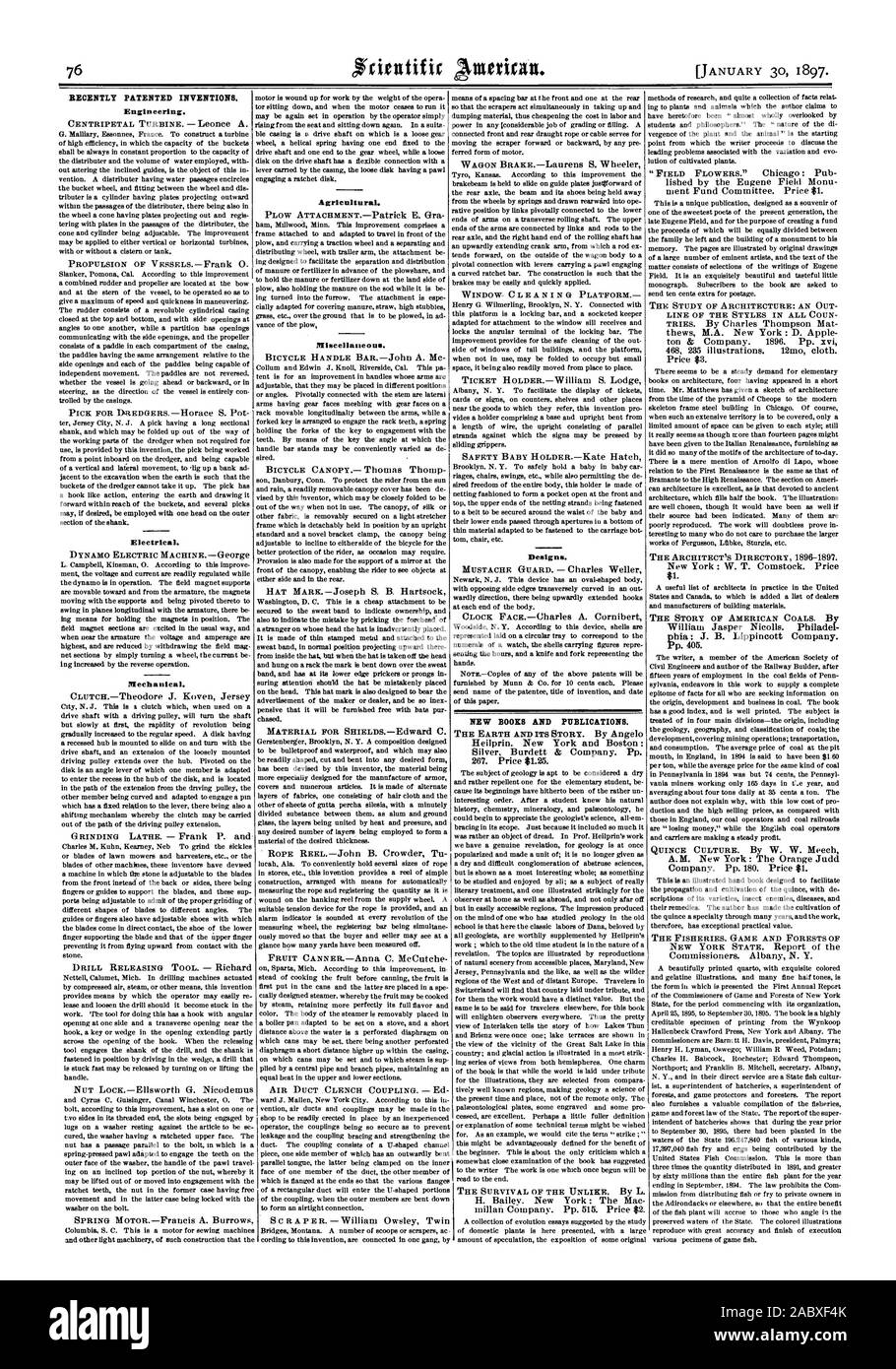Récemment les inventions brevetées. L'ingénierie. Mécanique. Agricole. Divers. Dessins et modèles industriels. Nouveaux LIVRES ET PUBLICATIONS., Scientific American, 1897-01-11 Banque D'Images