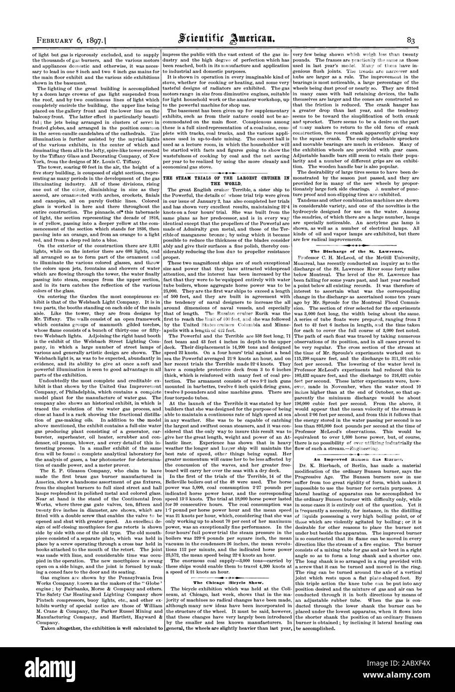 La machine à vapeur LA PLUS IMPORTANTE D'ESSAIS CRUISER DANS LE MONDE. Le Salon de Chicago. La décharge du Saint-Laurent. L'amélioration de Bunsen Brûleur gaz., Scientific American, 1897-02-06 Banque D'Images