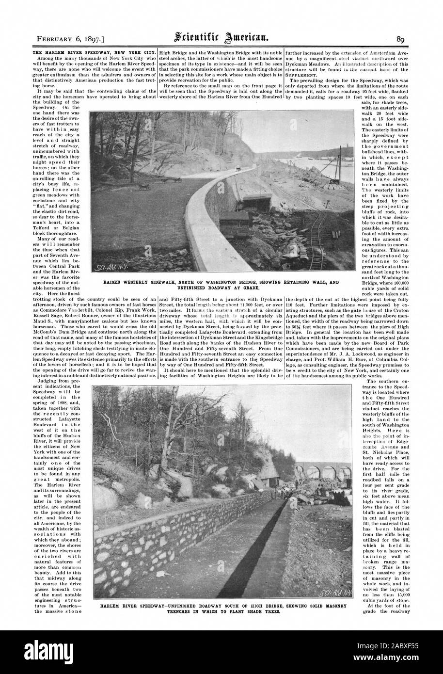 Le 6 février 1897. La HARLEM RIVER SPEEDWAY NEW YORK CITY. Supplément. SID EWALK OUEST A SOULEVÉ AU NORD DE WASHINGTON BRIDGE montrant le mur de soutènement et route inachevée à niveau. HARLEM RIVER SPEEDWAY-CHAUSSÉE INACHEVÉE AU SUD DE HIGH BRIDGE MONTRANT LA MAÇONNERIE SOLIDE DES TRANCHÉES DANS LESQUELLES de planter des arbres de l'ombre., Scientific American, 1897-02-06 Banque D'Images