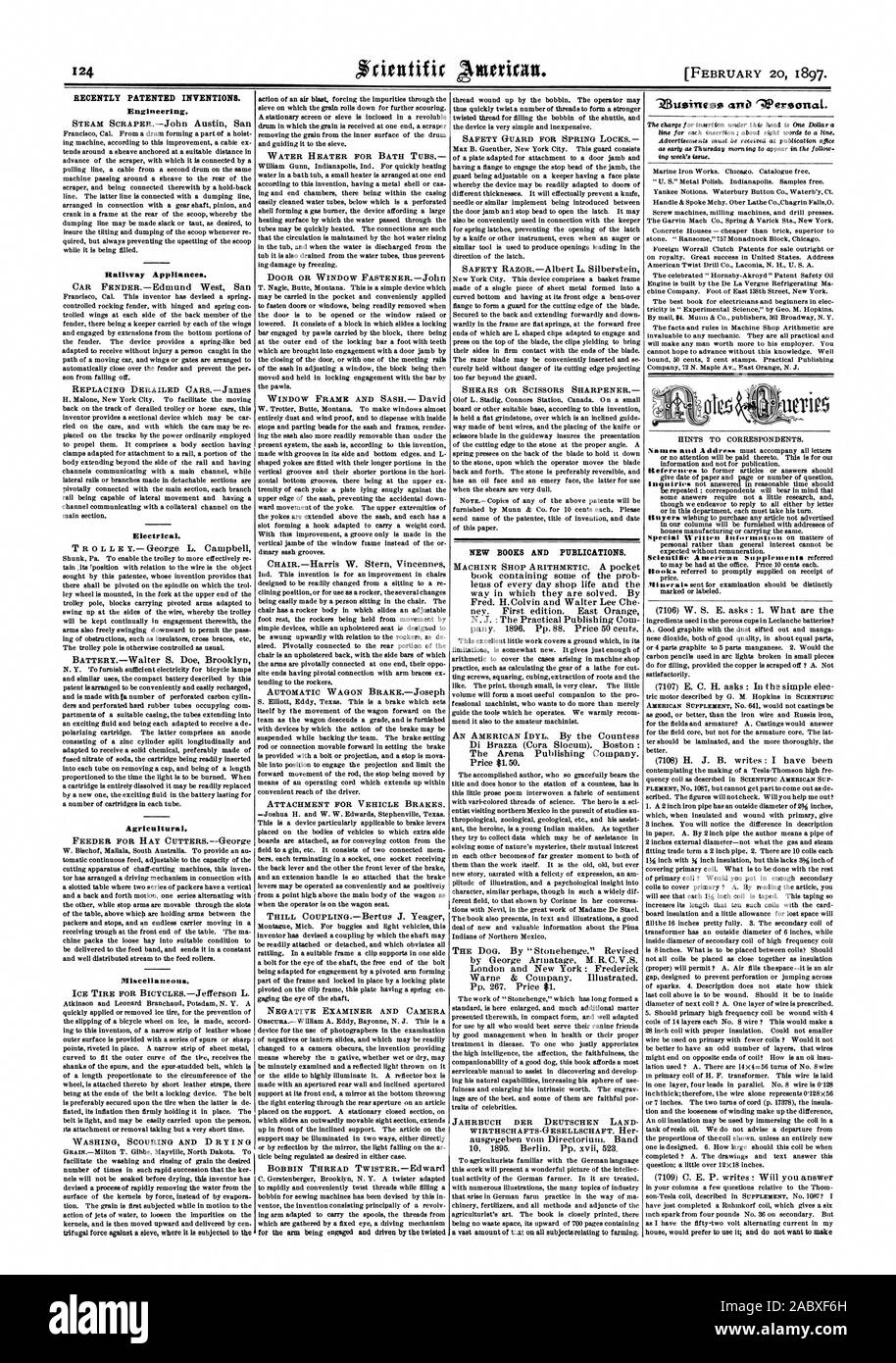 Récemment les inventions brevetées. L'ingénierie. Couloir d'appareils ménagers. Installation électrique. Agricole. Divers. ^Dersonat Ziusinesss ana., Scientific American, 1897-02-11 Banque D'Images