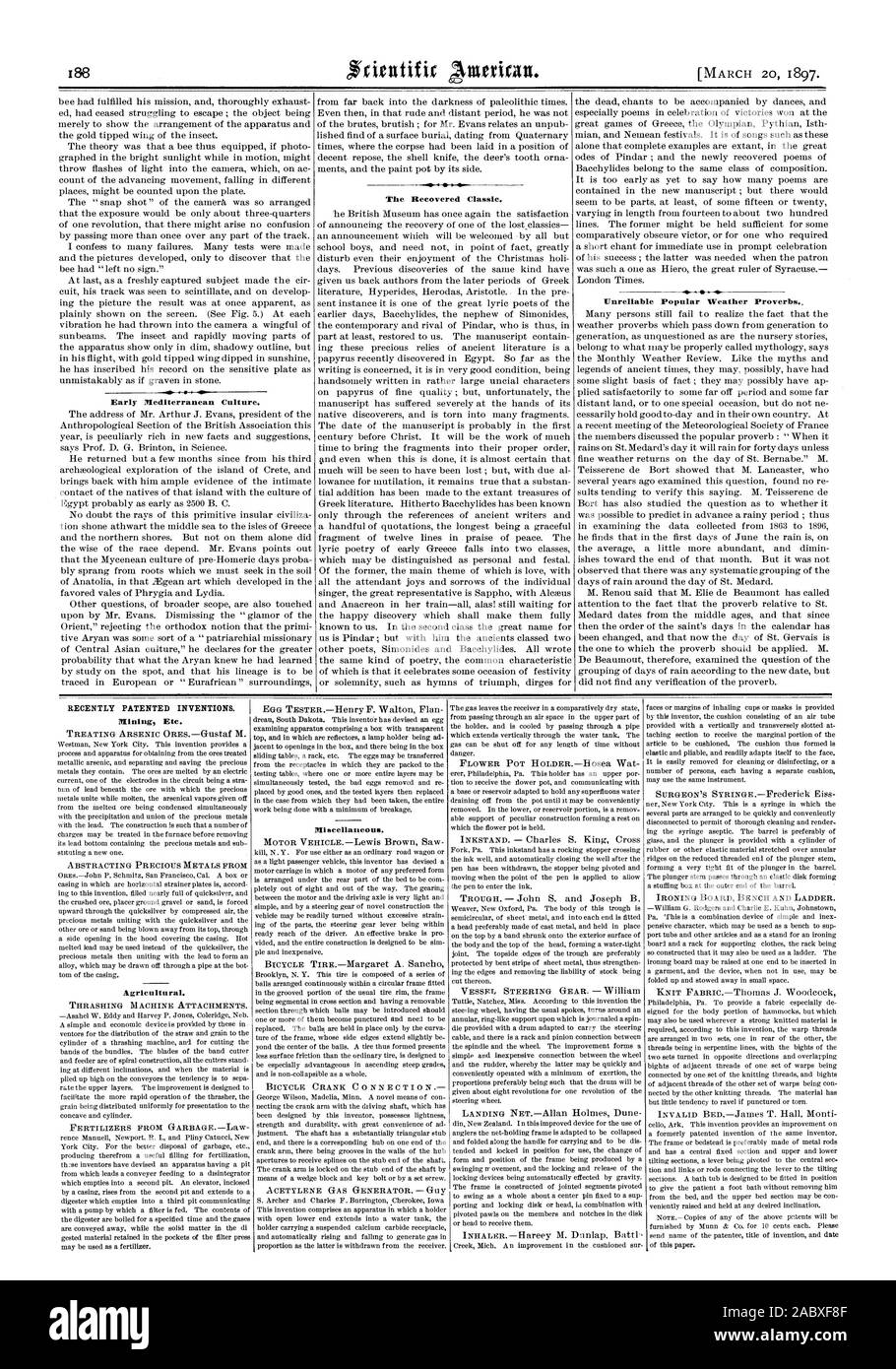 Début de la culture méditerranéenne. La récupération de Classic. Météo proverbes populaires peu fiables. Récemment les inventions brevetées. Agricole. Accessoires de machine volée. Divers. Table à repasser et banc de bain., Scientific American, 1897-03-11 Banque D'Images