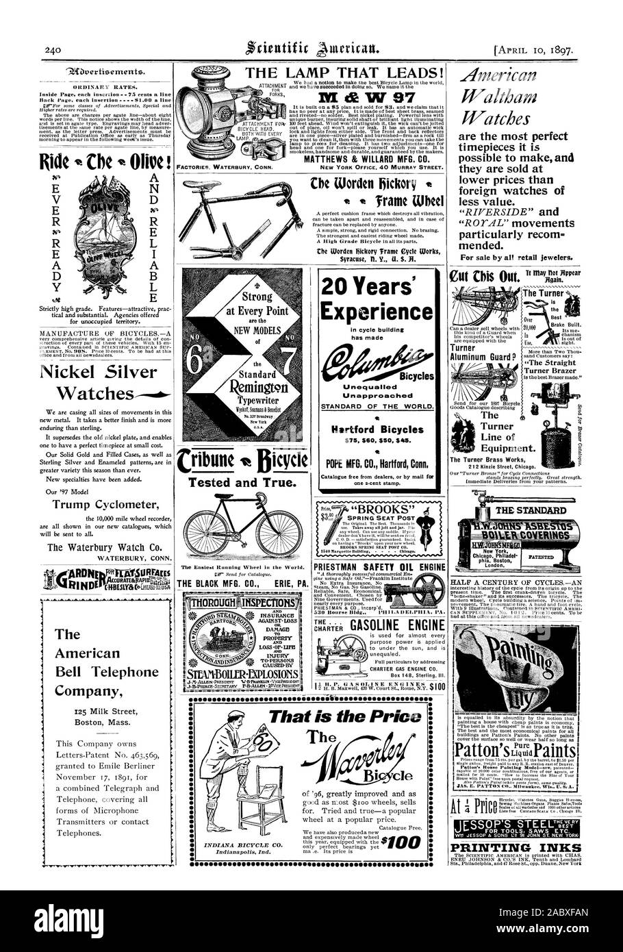 La lampe QUI MÈNE ! 97 W NI MATTHEWS & WILLARD MFG. Les usines WATERBURY CONN. CO. Bureau de New York 40, rue Murray. 7.0Nertisements. Les tarifs ordinaires. Page intérieure chaque insertion75 cents une ligne arrière Page chaque insertion.$1,00 - un trajet en ligne Olive Che ! Un atout en Maillechort UN Cyclomètre Les Waterbury Watch Co. grARDNEritios VIRINDE taBEsly AIFE[ES.9.0.[Hludight l'American Bell Telephone Company 125, rue du lait le Boston Massachusetts Worden Cycle cadre hickory travaille fort à chaque point de nouveaux modèles de la machine à écrire standard testé et vrai. .4.0 INSPECTIONS ET Ath RANCE S ABAINST OU PERTE. T DOMMAGE Banque D'Images