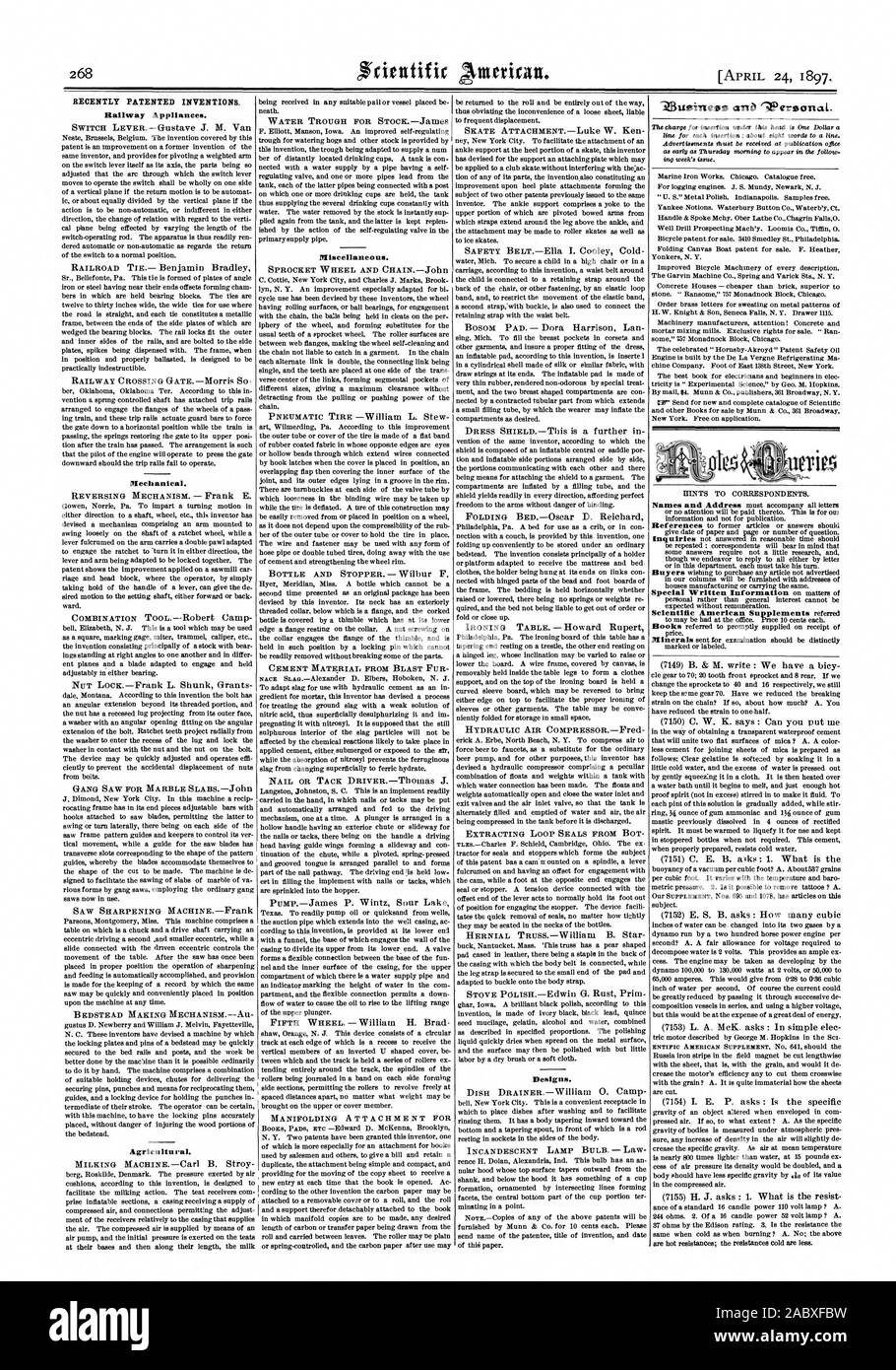 Récemment les inventions brevetées. Appareils de fer. Mécanique. Agricole. Divers. Dessins et modèles industriels. Zhisiness «Wereortal arta., Scientific American, 1897-04-11 Banque D'Images
