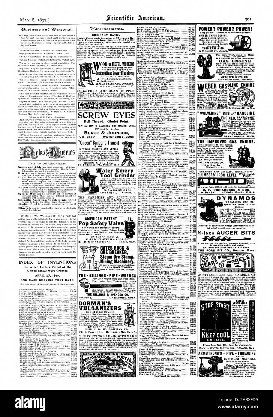 SENECA FALLS MFG. COMPANT. 009 ou P1ETRL PRÉTENDANTS SCREW YEUX Roll Thread. Vrille Point. BLAKE & JOHNSON $100 Queen Builder s'eau Transit Emery Meule Pop AMÉRICAIN DES BREVETS la soupape de sécurité -- -TUYAU BILLINGS BILLINGS LA CLÉ & SPENCER CO. DORMAN'S LES VULCANISATEURS J. F. W. DORMAN CO.   M INDEX DES INVENTIONS pour lesquelles Lettres patentes de l'United States ont obtenu ronill baek1. Walton .5 %4 wmol 581.1M  % POUCES BITS DE LA VIS D'ALIMENTATION ? Le pouvoir ? VICTOR POWER' HÉNOC VAPEUR. Moteur à gaz, GRAND RAPIDS. MICH. L'AMÉLIORATION DE MOTEUR À GAZ. C. F. RICHARDSON & FILS J'. 0. Box 977 masse d'Athol. U.S. A. DYNAMOS Banque D'Images