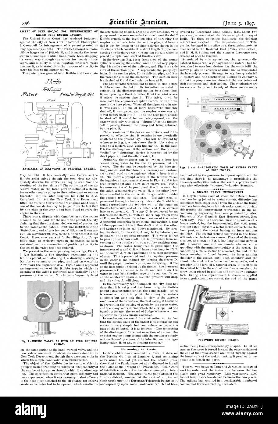 Attribution de plus de 800000 POUR VIOLATION DE BREVET MOTEUR FEU KNIBBS. Tel qu'UTILISÉ AU QUOTIDIEN. Un cadre d'amélioration. Fac-similé DE DESSINS DE BREVET ORIGINAL. Fig. 4-KNIBBS soupape, comme utilisé sur les camions de pompiers À-JOUR. Le cadre du vélo. PINOVER, Scientific American, 1897-06-05 Banque D'Images