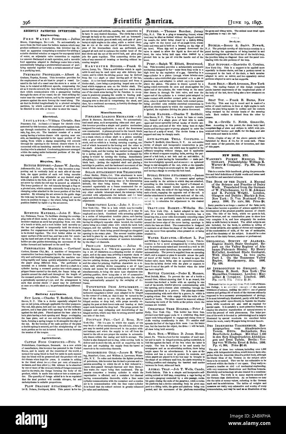 Récemment les inventions brevetées. Epgineering. Uit Agricu ral. Dessins et modèles industriels. Nouvelles des malappris etc., Scientific American, 1897-06-11 Banque D'Images