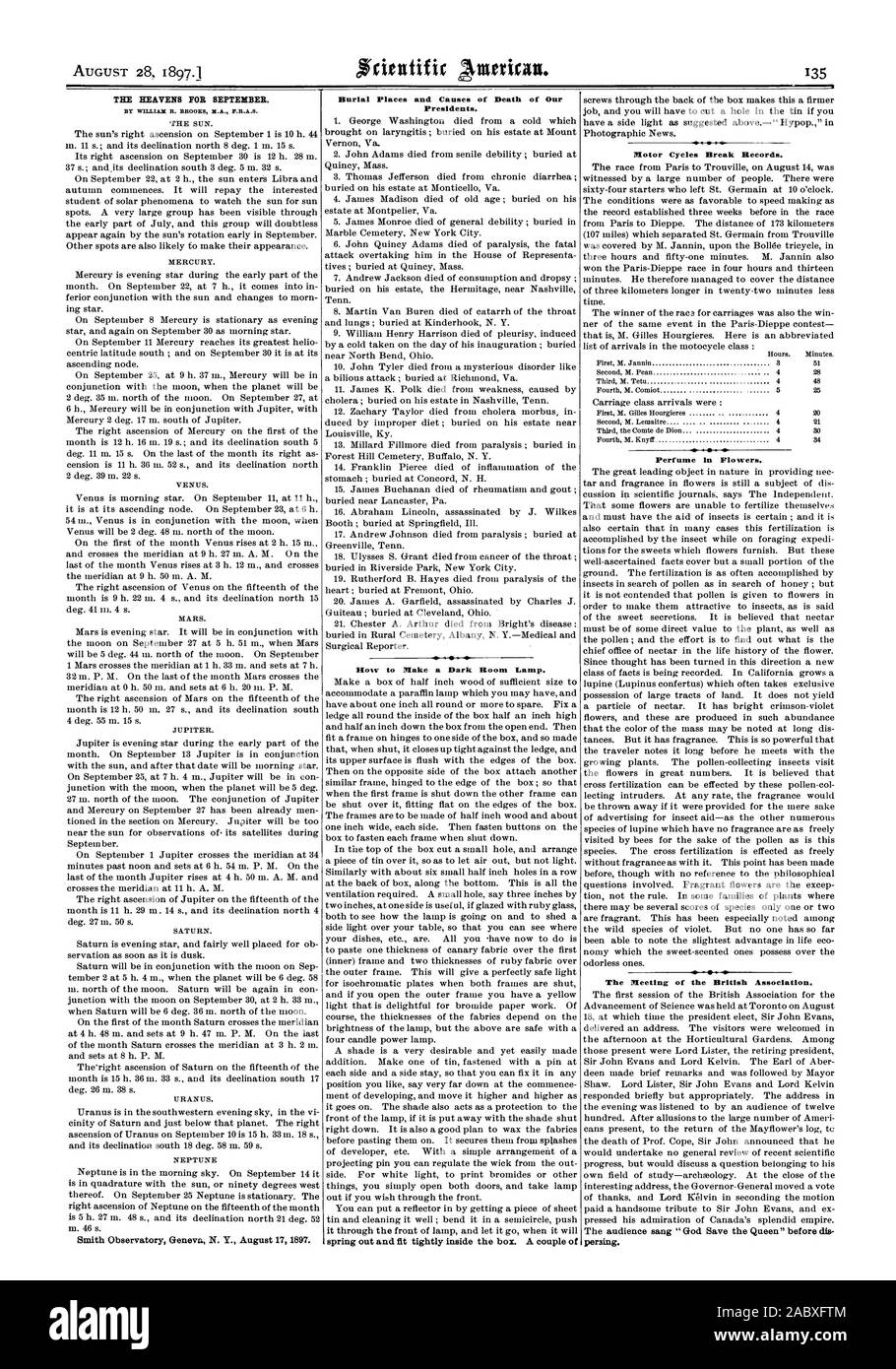 Le CIEL POUR SEPTEMBRE. Par WILLIAM R. BROOKS M.A. F.R.A.S. Des lieux de sépulture et les causes de la mort de nos présidents. Comment faire une pièce sombre lampe. Les cycles du moteur de battre des records. 421 parfum dans les fleurs. La réunion de la British Association., Scientific American, 1897-08-28 Banque D'Images