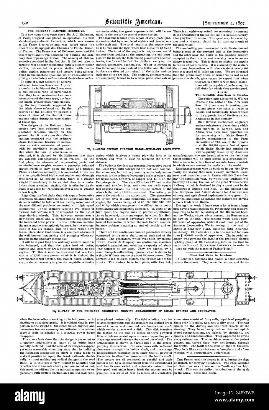 Le EEILMANN LOCOMOTIVE ÉLECTRIQUE. Le Scientific American en Russie. Les cabines électriques à Londres. Fig. 6PLAN DE LA LOCOMOTIVE HEILMANN MONTRANT LA DISPOSITION DES MOTEURS ET GÉNÉRATEURS CHAUDIÈRES., 1897-09-04 Banque D'Images
