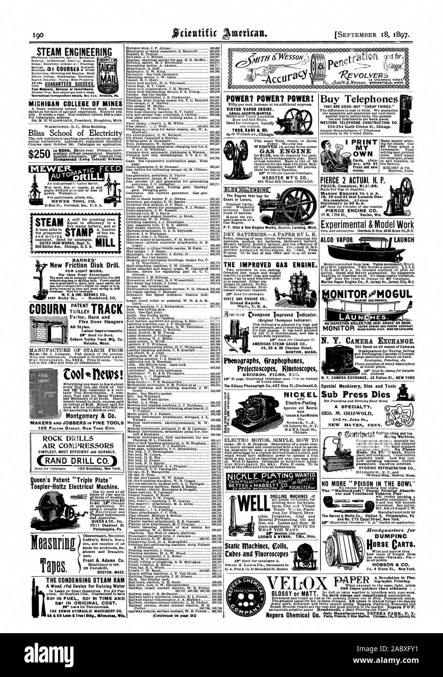 De l'argent. PIERCE 2 H. RÉELLES P. PIERCE CO. MOTEUR 17 N. 17e Rue Racine, Wisconsin (Etats-Unis) et le modèle de l'objectif de travail expérimental LANCEMENT VAPEUR N. Y. CHANGE DE CAMÉRA 43 Fulton St. NEW YORK RÉFRIGÉRATION HYGIÉNIQUE CO. PAS PLUS 'POISON DANS LE BOL' Le allinckrodt «' absorbent la nicotine brevet ent et ventilée Pipe La Harvey & Watts Co. Station E Philadelphie Pa. et No 275 Canal Street, New York. 0 0@ GÉNIE VAPEUR MOTEUR GAZ WEBSTER M'F'G CO. Chompson l'amélioration de l'indicateur. (Original Thompson indicateur). Manomètre vapeur américain CO. 34 36 & 38 Chardon Street BOSTON MASS. X, Scientific American, 1897-09-18 Banque D'Images