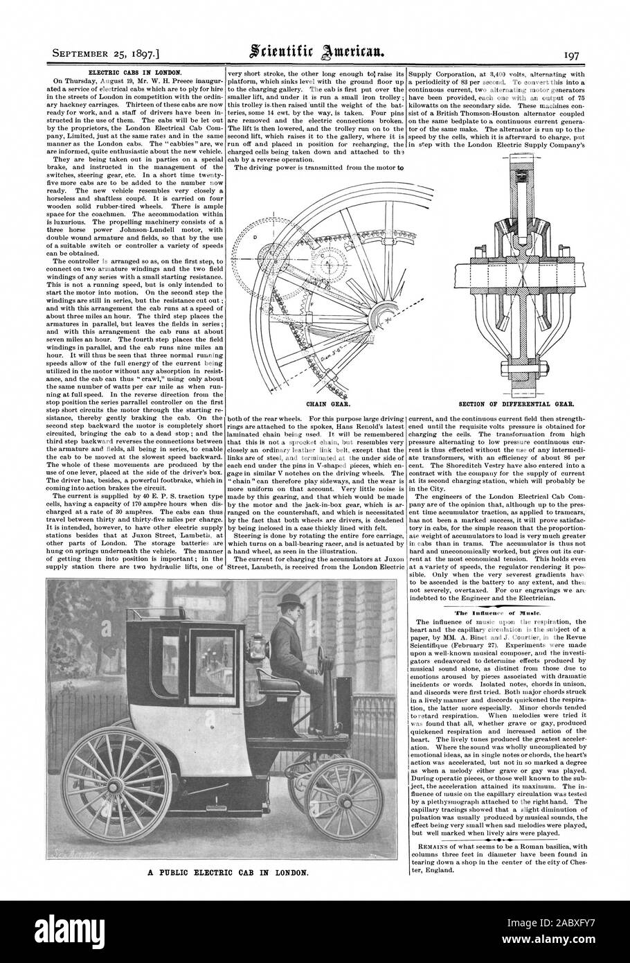 Les cabines ÉLECTRIQUES À LONDRES. L'ARTICLE DE PIGNON DU DIFFÉRENTIEL. L'influence de la musique d'une cabine électrique PUBLIC À LONDRES. Pignon de chaîne., Scientific American, 1897-09-25 Banque D'Images