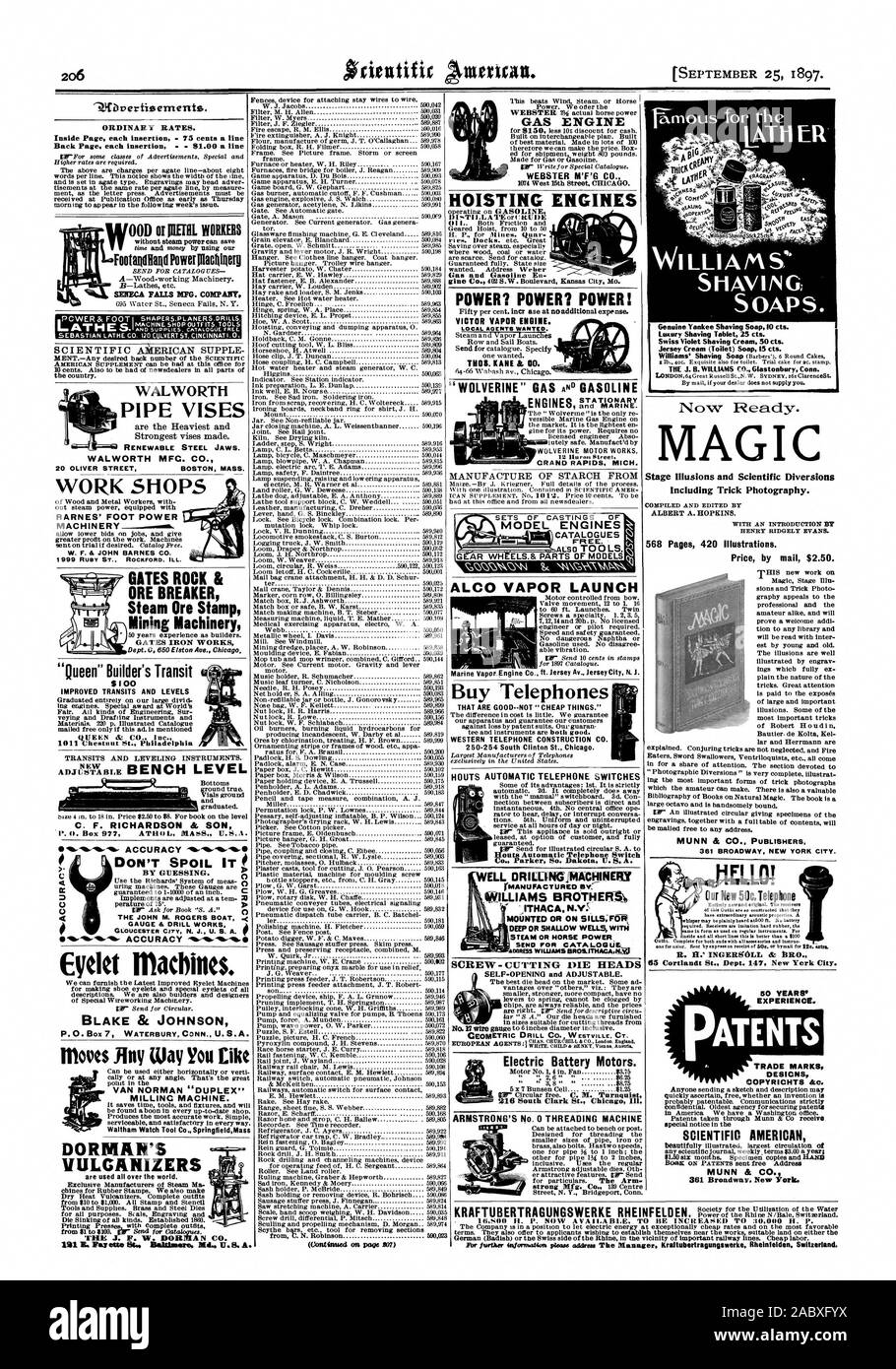 Les VULCANISATEURS utilisés partout dans le monde. * J. F. W. DIN CO. MOTEUR À GAZ, 1074 West 15th Street, Chicago. Moteurs de levage'DIsTILLAl:Eorl gaz et essence KUDE en puissance ? Le pouvoir ? Le pouvoir ! Moteur de vapeur VICTOR. Les AGENTS LOCAUX W THOS. KANE & CO. WOLVERINE MOTOR WORKS GRAND RAPIDS au Michigan. Les moteurs du modèle libre. Acheter des téléphones QUI NE SONT PAS BONS--'.' LES CHOSES BON MARCHÉ DE TÉLÉPHONE DE L'OUEST CONSTRUCTION CO., Scientific American, 1897-09-25 Banque D'Images