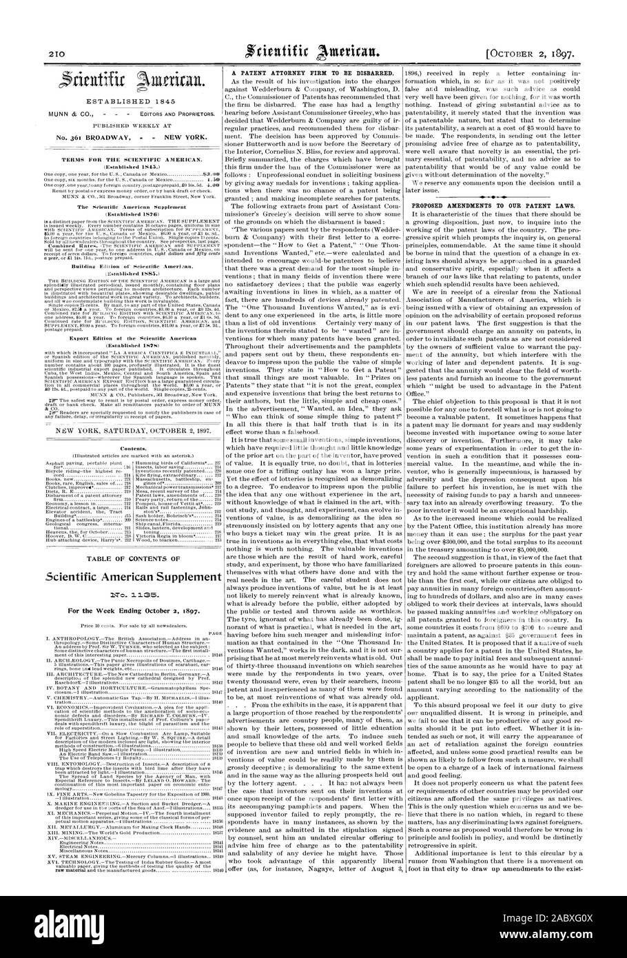 Cabinet de conseils en brevet d'être radié du barreau. Proposition de modifications à nos lois sur les brevets., Scientific American, 1897-10-02 Banque D'Images