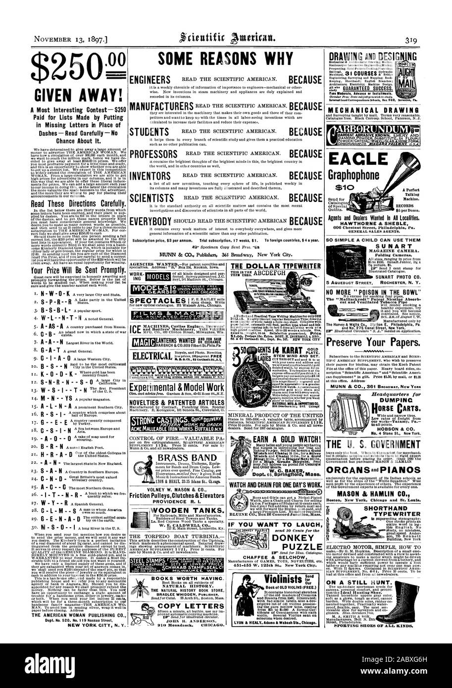 Certificat d'authenticité avec chaque LYON & H EALY Adams & Wabash Sts. Chicago. Dessin DESSIN ET CONCEPTION MÉCANIQUE étude NG EACLE Graphophone $10 une machine parfaite. RECORDS LE GOUVERNEMENT AMÉRICAIN a acheté MASON HAMLIN PIANOS ORCANSand MASON & HAMLIN CO. Boston New York Chicago et Saint Louis. Machine À ÉCRIRE UN SIMPLE MOTEUR ÉLECTRO COMMENT T SUR UNE CHASSE TOUJOURS. Street Philadelphia. Prix de souscription de 3 $ par an. Abonnement d'essai. 17 semaines 1 $. Pour les pays étrangers 4 $ par année. Quelques raisons pourquoi, Scientific American, 1897-11-13 Banque D'Images
