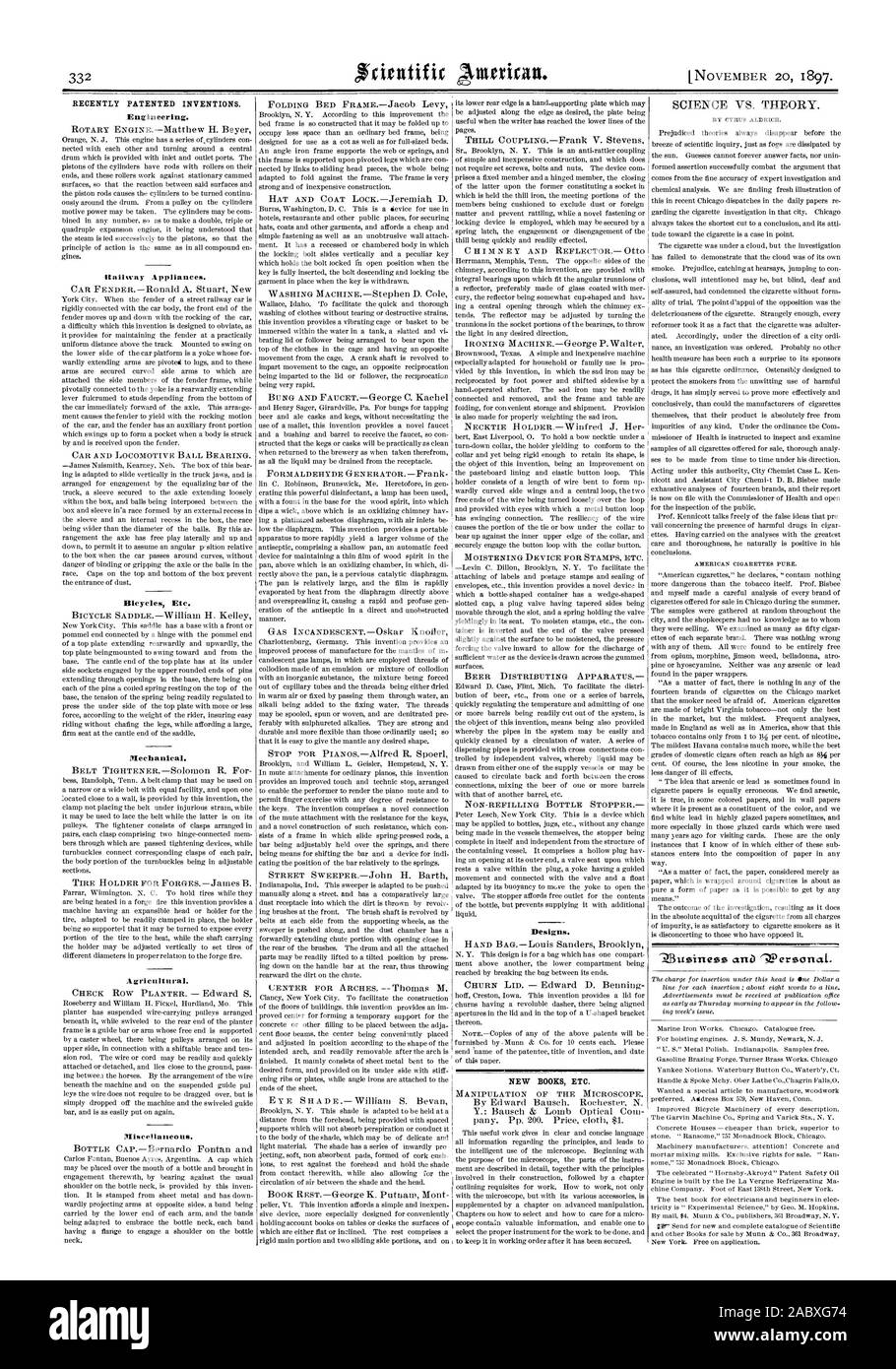 Récemment les inventions brevetées. L'ingénierie. Agricole. Dessins et modèles industriels. Nouveaux livres etc. 'Zusiness Dersonat ^arta., Scientific American, 1897-11-11 Banque D'Images
