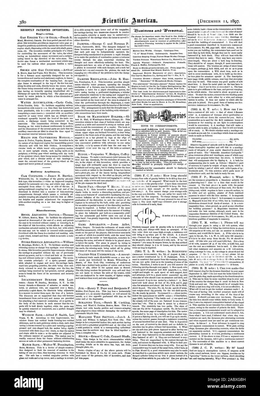 Récemment les inventions brevetées. L'ingénierie. Appareils de fer. Divers. Dessins et modèles industriels. Un Wersostal Ziusineess «., Scientific American, 1897-1 Banque D'Images