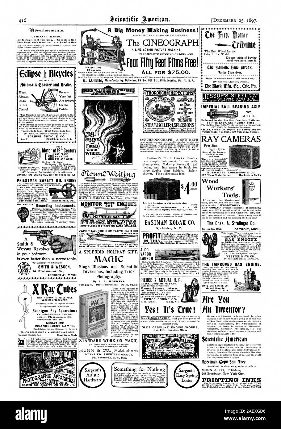 Les tarifs ordinaires. Page intérieure chaque insertion - 75 cents une ligne arrière Page chaque insertion. 1,00 $ la ligne d'un CINEOGRAPH UNE VIE MOTION PHOTO MACHINE EN ORDRE DE MARCHE COMPLET ET 40 livres. Bicyclettes Eclipse et frein automatique Coaster. ECLIPSE BICYCLE CO. Fort X ELMIRA N. Y. U. S. A. le moteur du 19e siècle par quiconque pour tout travail de BATEAUX MOTEUR À GAZ, Boîte de 148 sterling malade. Sécurité MOTEUR HUILE PRIESTMAN Philadelphie Pa. JE Boat Works jonction racine Wisconsin fort A. UNE SPLENDIDE MAISON DE DON. MAGIC par A. 1. HOPKINS. 568 pages. 420 illustrations. Prix $2.50. MUNN & CO . Les éditeurs de l'Américain scientifique Banque D'Images