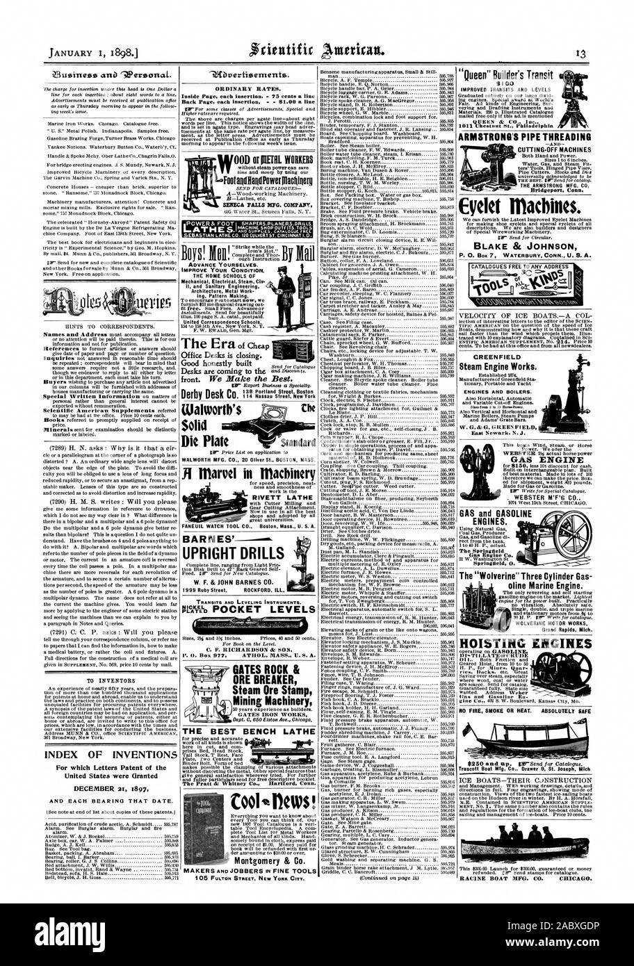 Disjoncteur de minerai minerai vapeur Stamp l'extraction minière ou PIEIRL FootanaHaoUPowerMacbiner 00D II TRAVAILLEURS Walworlh Marvel dans des machines solides de la LE MEILLEUR BANC DE LA TOUR la Pratt & Whitney Co. Hartford Connecticut Montgomery & Co. décideurs et opérateurs en beaux-TOOLS 105 Fulton Street. La VILLE DE NEW YORK. Pas d'INCENDIE LA FUMÉE OU DE LA CHALEUR. Absolument SÛR RACINE VOILE MFG. CO.. Chicago, Scientific American, 1898-01-11 Banque D'Images