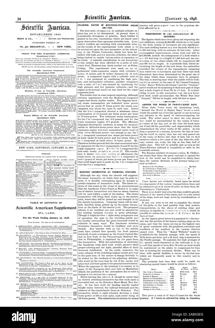 No 361 BROADWAY NEW YORK. Les ratios de vérin DANS PLUSIEURS CYLINDRES DE MOTEURS À VAPEUR. La TRACTION ÉLECTRIQUE À LA BORNE D'AFFECTATION. La prévoyance DANS LA CONSTRUCTION D'DRYDOCHS. Le TOUR DU MONDE EN VINGT-HUIT JOURS., Scientific American, 1898-01-15 Banque D'Images