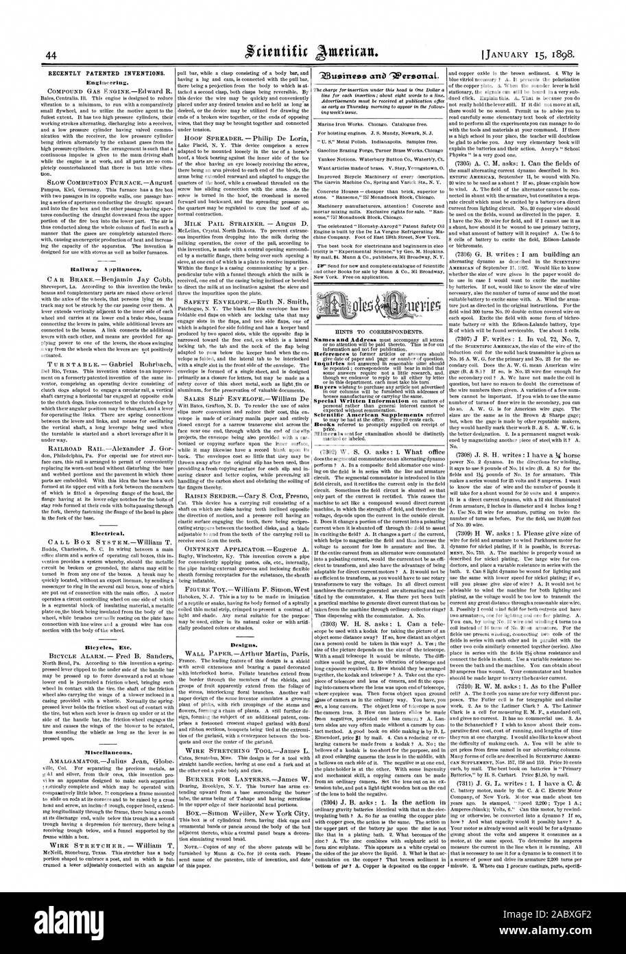 Récemment les inventions brevetées. L'ingénierie. Couloir d'appareils ménagers. Installation électrique. Les vélos Etc. Divers. Designs., Scientific American, 1898-01-11 Banque D'Images