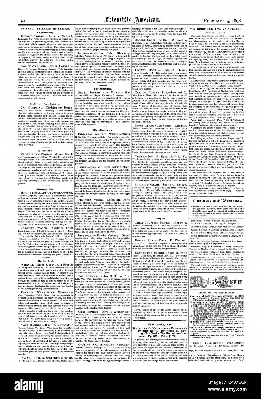 Récemment les inventions brevetées. Nouveaux livres etc. une Wersonal Ziusinegsz «., Scientific American, 1898-02-11 Banque D'Images