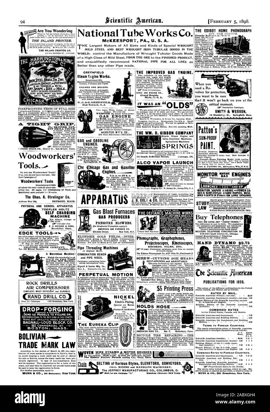 McKEESPORT PA. U. S. A. l'ACIER DOUX ET MEILLEURS PRODUITS TUBULAIRES EN FER FORGÉ DANS LE MONDE ; contrôler la fabrication des produits tubulaires forgé faite d'une haute classe de l'acier doux du minerai au produit fini et unqualifiedly recommander NATIONAL PIPE POUR TOUTES LES UTILISATIONS en tant que mieux que tout autre tuyau. L'imprimante à l'intérieur des terres. L'imprimante à l'INTÉRIEUR DES TERRES CO. SIT-Sta MONROE ST CHICAG Outils de menuisier. Les outils de menuisier Chas. A. Strelinger Co. OUTILS DE POINTE DES COMPRESSEURS D'AIR (Rand Drill Co.) CRÉATION DE MODÈLES POUR NOUS ENVOYER SUR LA FIGURE. BAGNALL- BLOC FORT CO. BOSTON MASSE. Le droit des marques selon le décret du Banque D'Images