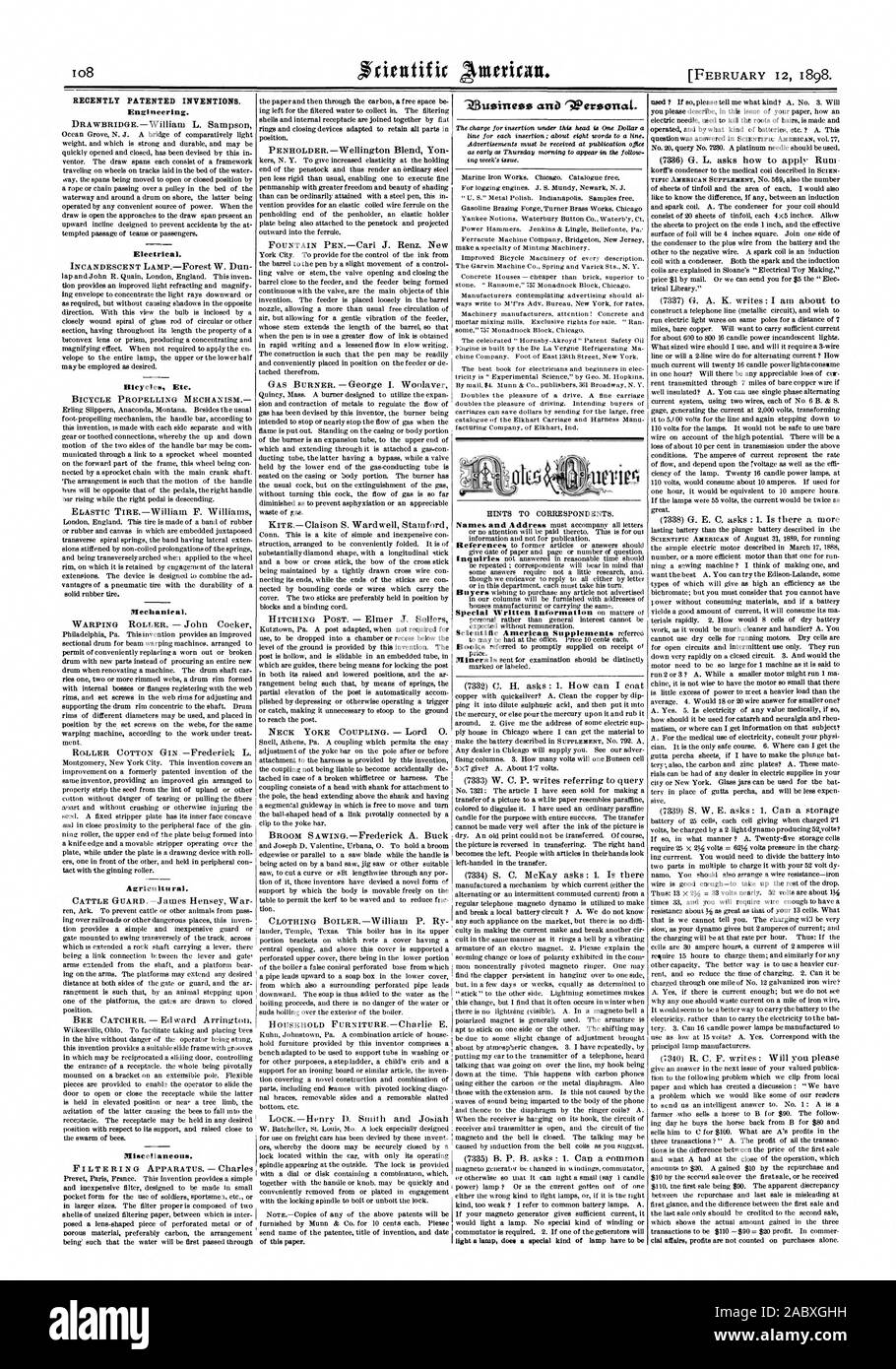 Récemment les inventions brevetées. Enkineering. Installation électrique. Divers., Scientific American, 1898-02-11 Banque D'Images