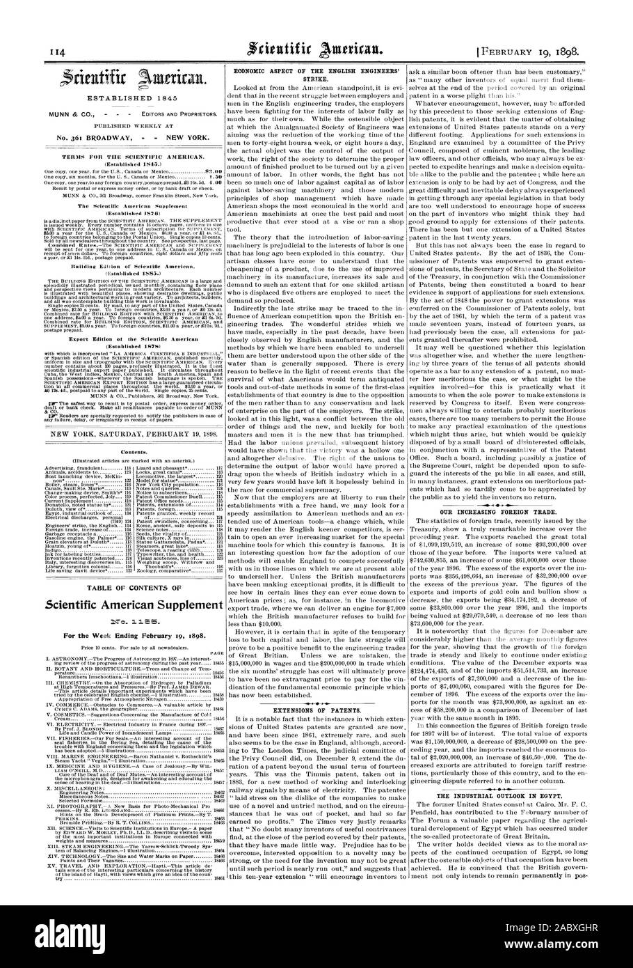 Semaine se terminant le 19 février 1898. ASPECT ÉCONOMIQUE DE LA GRÈVE DES INGÉNIEURS ANGLAIS. Des extensions de brevets. L'AUGMENTATION DE NOTRE COMMERCE EXTÉRIEUR. Table des matières. TABLE DES MATIÈRES D', Scientific American, 1898-02-19 Banque D'Images