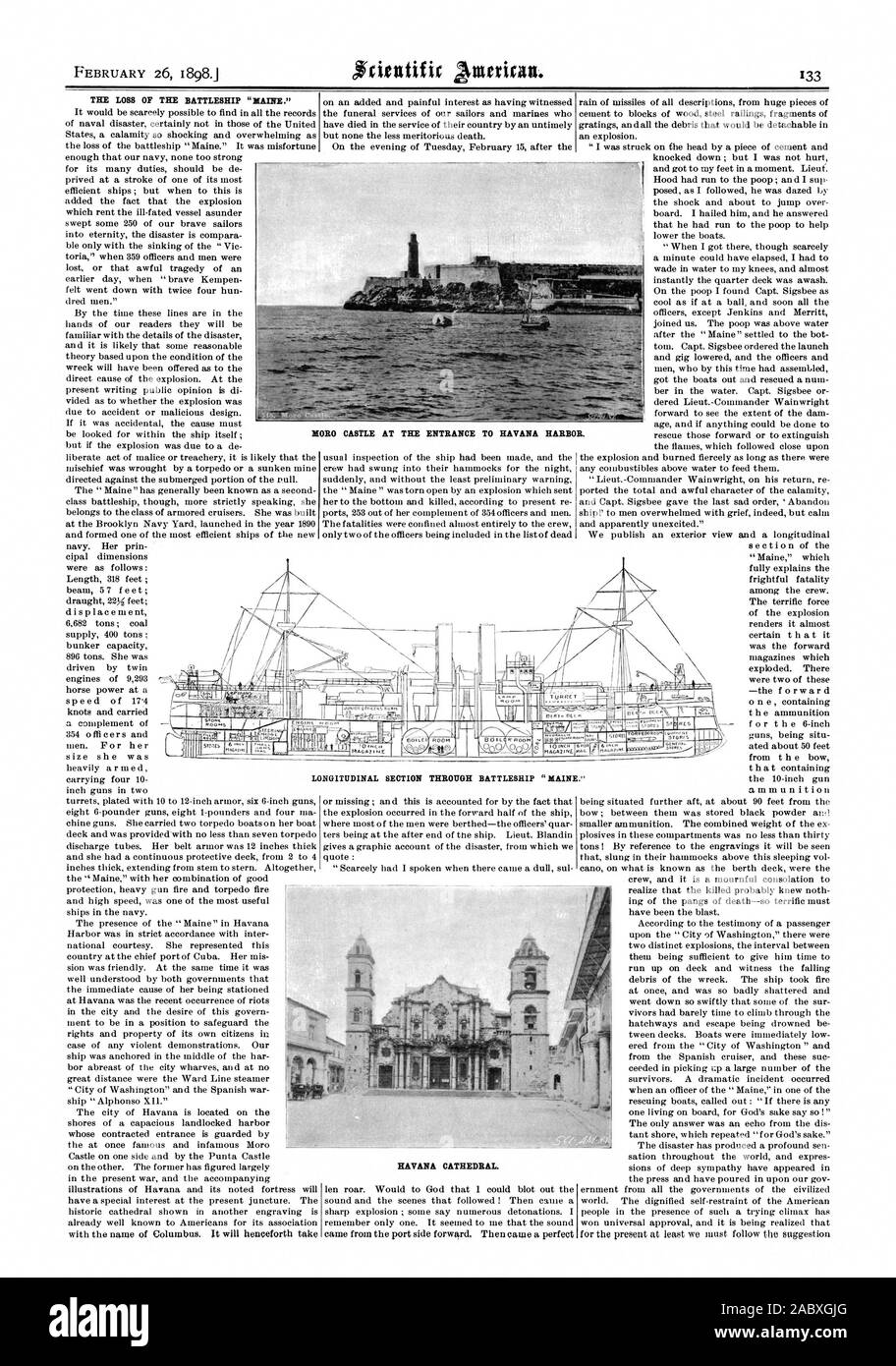 Le 26 février 1898. Château MORO À L'ENTRÉE DU PORT DE LA HAVANE. La perte du cuirassé 'MAINE.' SECTION LONGITUDINALE À TRAVERS BATTLESHIP 'MAINE.' LA CATHÉDRALE DE LA HAVANE., Scientific American, 1898-02-26 Banque D'Images