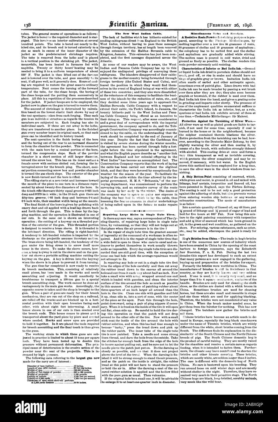 Épaisseur de l'acier qui va perforer la coquille à 1000 yards distance 24 54 pouces. Le nouveau câble d'Indiens de l'Ouest. La réparation de grands trous dans des tubes pneumatiques. Recettes diverses et des récépissés., Scientific American, 1898-02-26 Banque D'Images