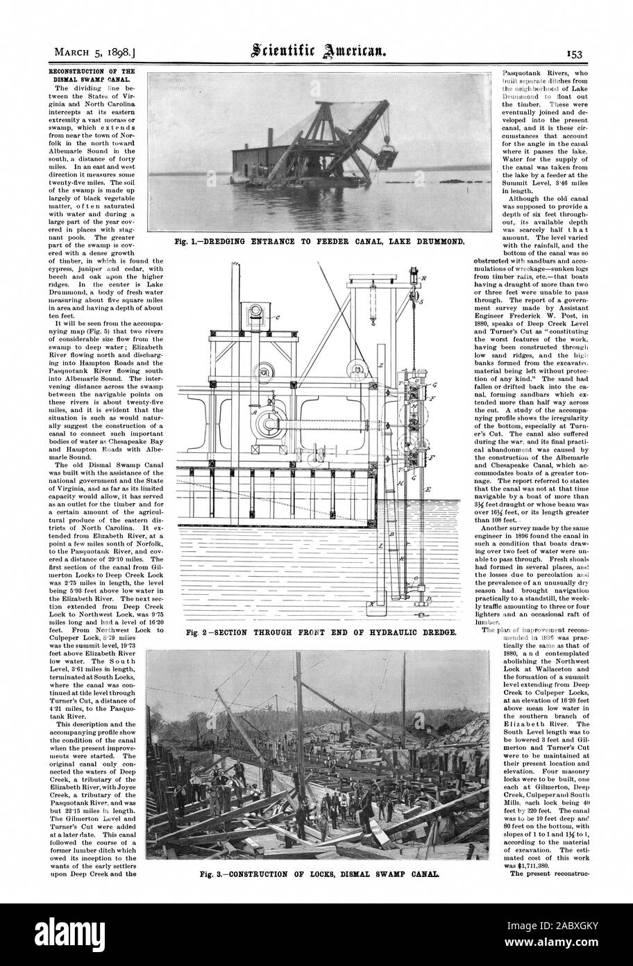 SECTION À TRAVERS L'AVANT DE PELLE HYDRAULIQUE. RECONSTRUCTION DE LA DISMAL SWAMP CANAL. Fig. IDREDGING ENTRÉE DE CANAL D'ALIMENTATION LAKE DRUMMOND., Scientific American, 1898-03-05 Banque D'Images
