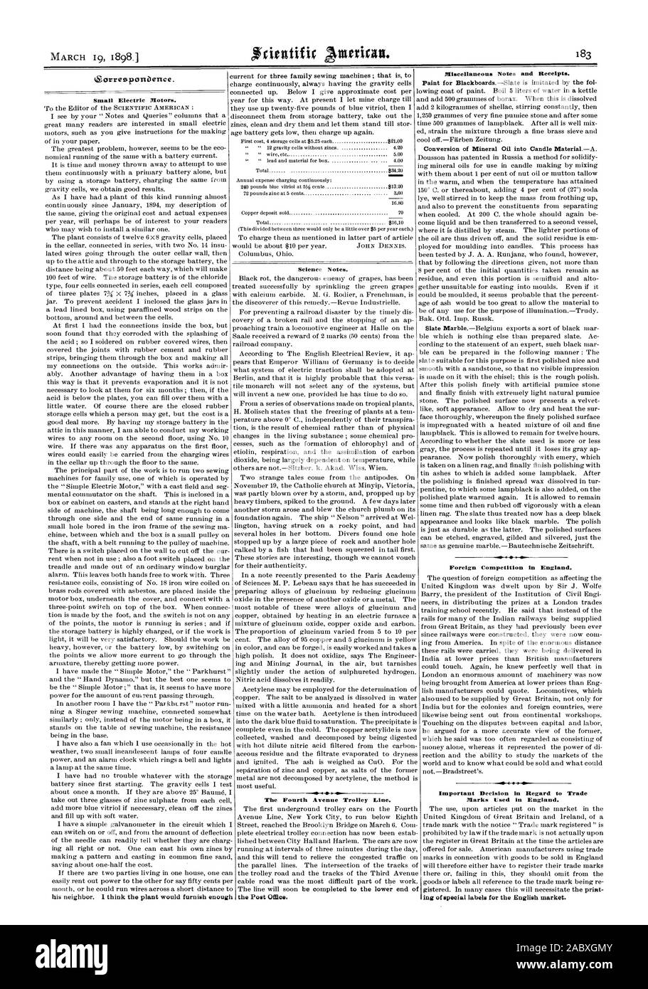 Petits moteurs électriques. Notes Scientifiques. La quatrième ligne de tramway de l'Avenue. Le bureau de poste. Notes diverses et les reçus. La conversion de l'huile minérale en Bougie du. La concurrence étrangère en Angleterre. Décision importante en matière de marques utilisées en Angleterre. tion des étiquettes spéciales pour le marché anglais. kSorresportDence., Scientific American, 1898-03-19 Banque D'Images