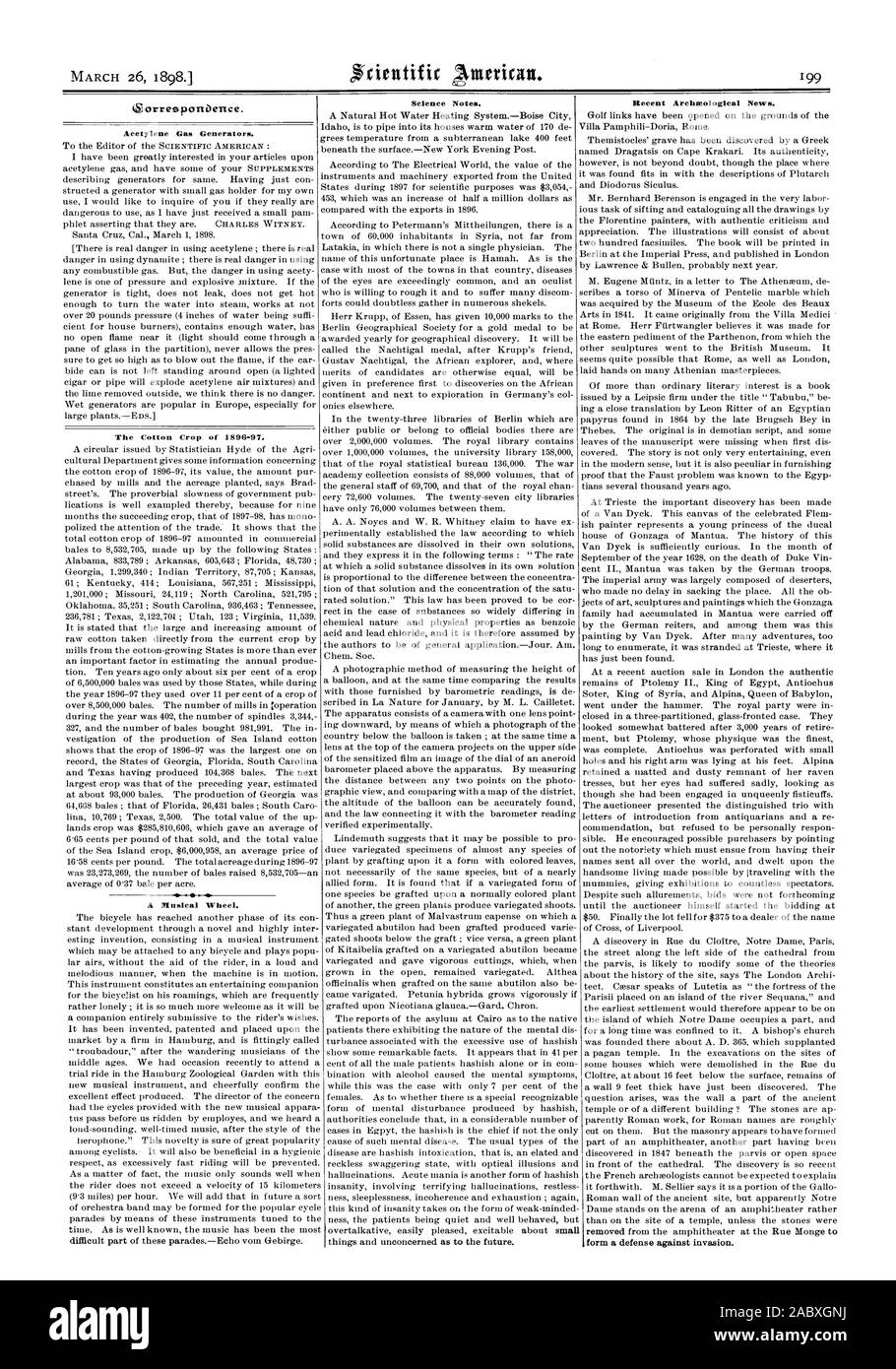 Générateurs d'acétylène. La récolte de coton de 1896/1897. Un encore de roue. Dernières Nouvelles archéologiques., Scientific American, 1898-03-26 Banque D'Images