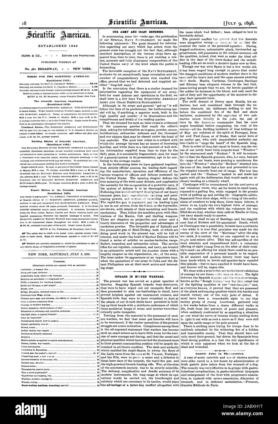 Publié chaque semaine au n°361 BROADWAY NEW YORK. Le Scientific American Supplement Building Édition de Scientific American. Édition exportation des matières Scientific American. Et l'ARMÉE DE DÉFENSE DE LA CÔTE. La défense de l'ARMÉE ET DE LA COMPLÉTER. COURAGE dans la guerre moderne. Le suc gastrique en thérapeutique. 1898-07-09 1845, établi Banque D'Images