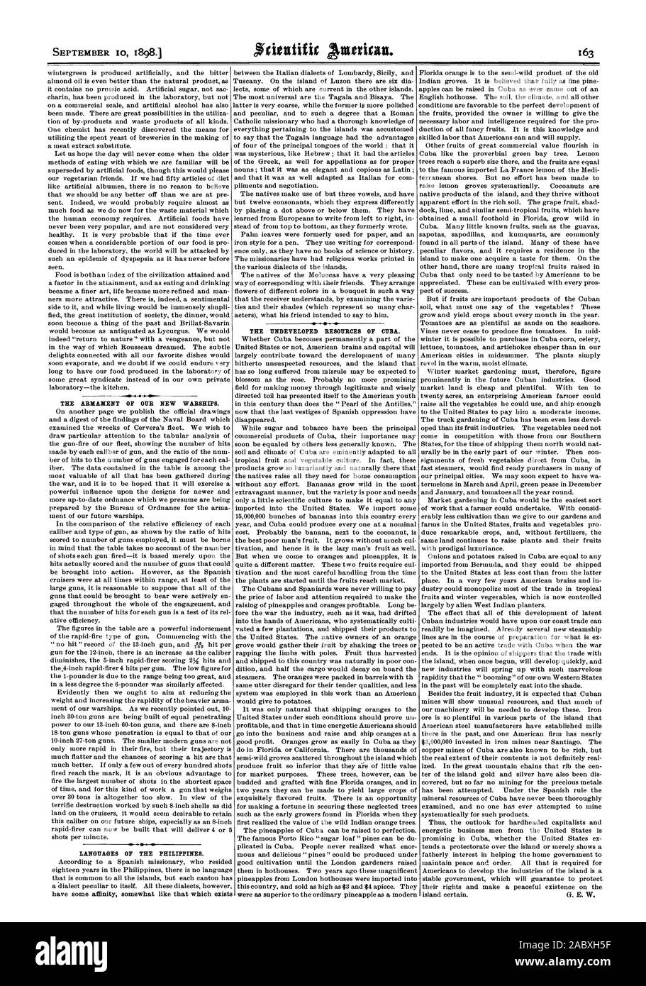 L'ARMEMENT DE NOS NOUVEAUX NAVIRES. Langues officielles DES PHILIPPINES. Les ressources inexploitées DE CUBA., Scientific American, 98-09-10 Banque D'Images