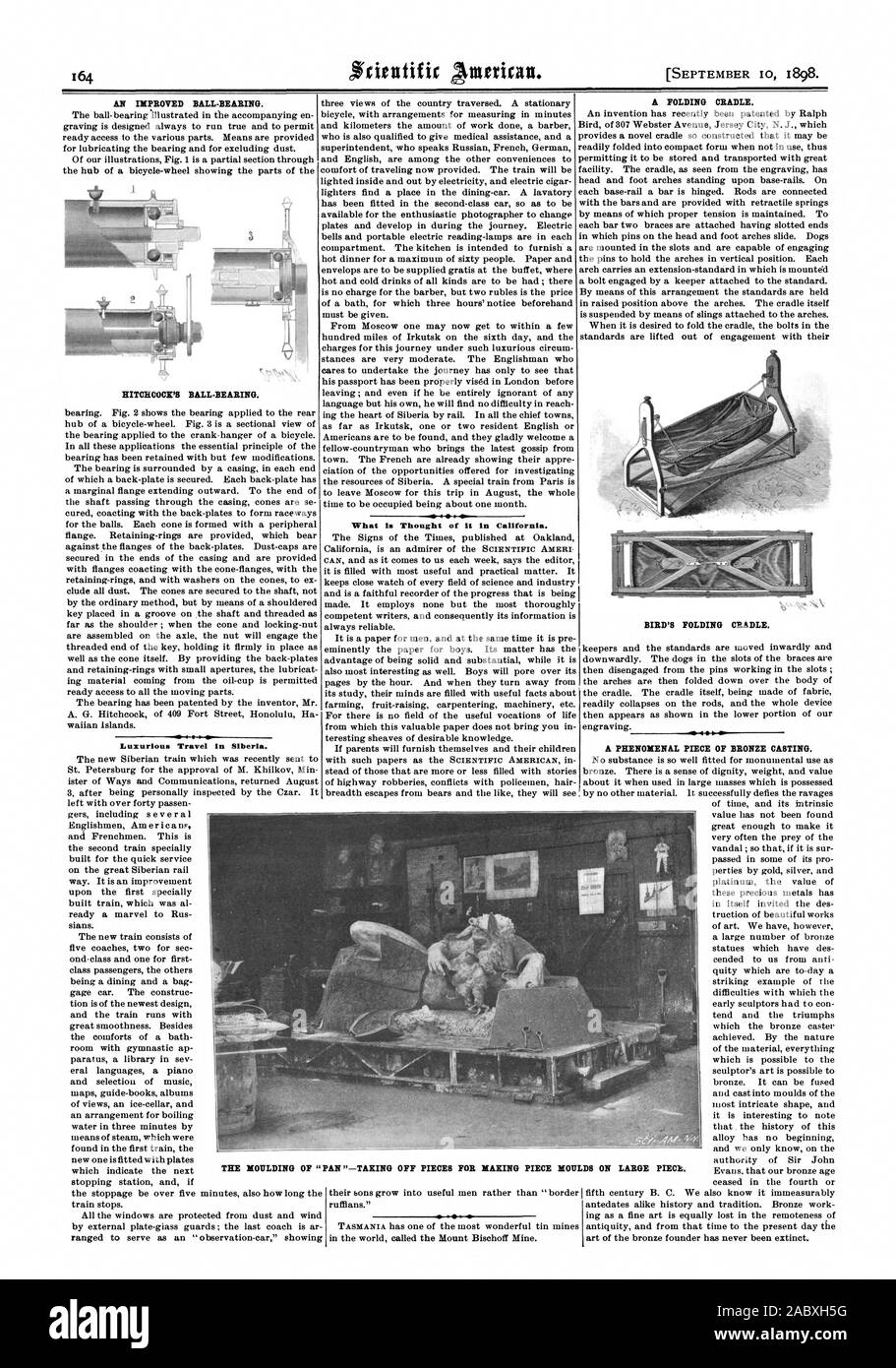 Une station de pliage. L'AMÉLIORATION DU ROULEMENT À BILLES. Voyage de luxe en Sibérie. La baguette de' ce qui est pensé en Californie. Berceau pliant de l'oiseau. Un morceau de fonte du bronze. ''PAN-PIÈCES POUR FAIRE DES MOULES SUR MESURE. Grand Morceau, Scientific American, 98-09-10 Banque D'Images